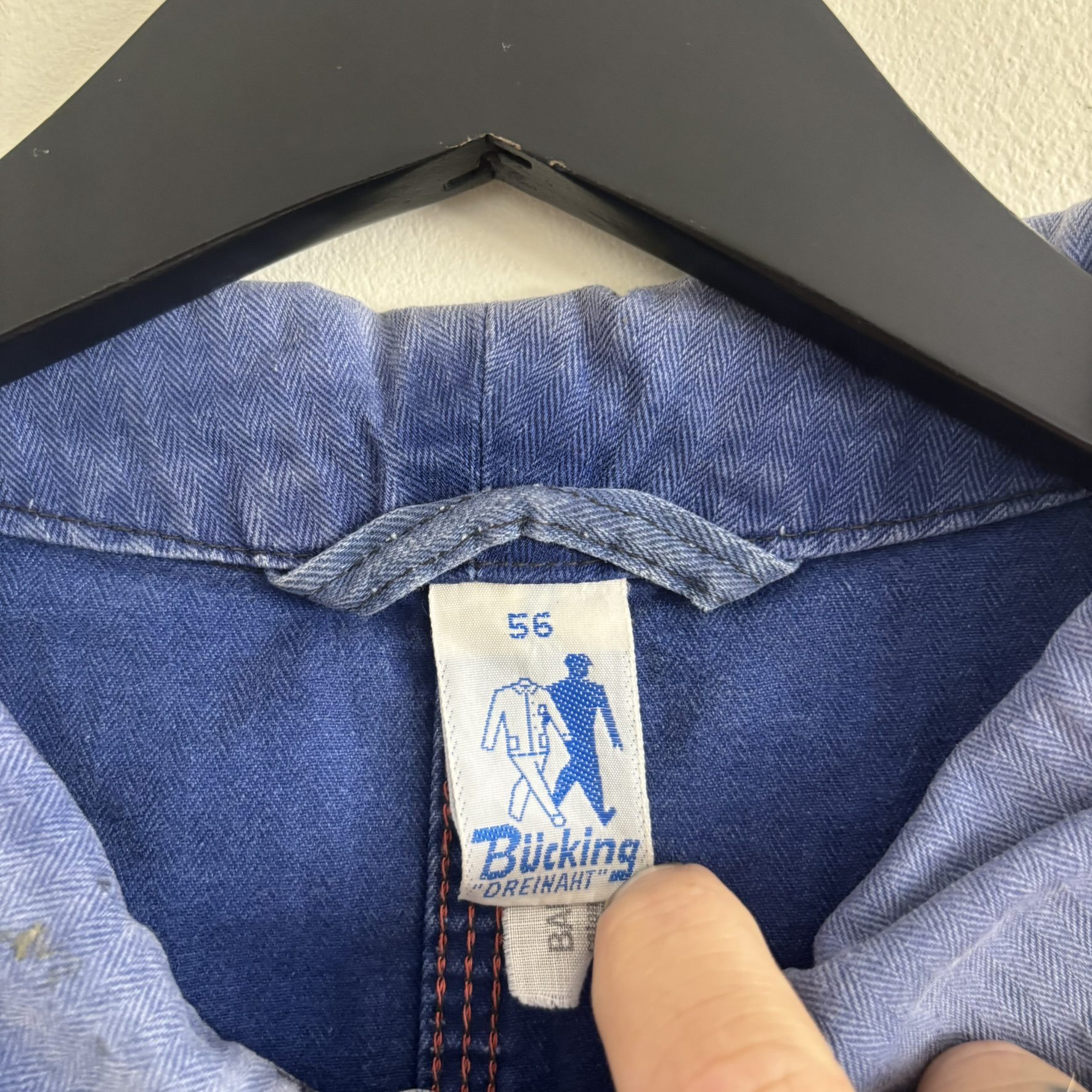 Vintage Bücking Dreinaht German Work Chore Jacket Faded Blue Herringbone 56 L image 9