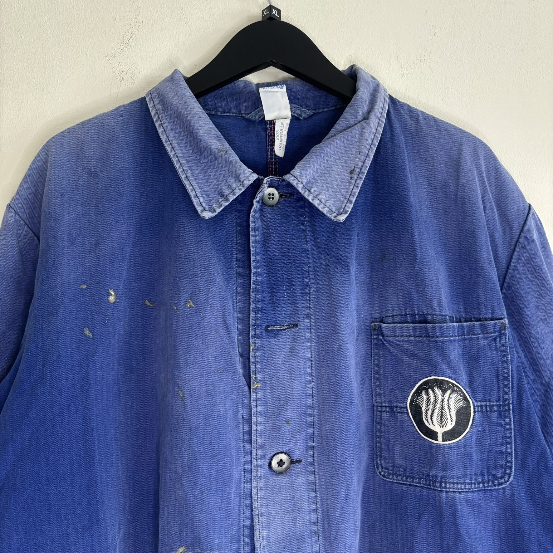 Vintage Bücking Dreinaht German Work Chore Jacket Faded Blue Herringbone 56 L image 2