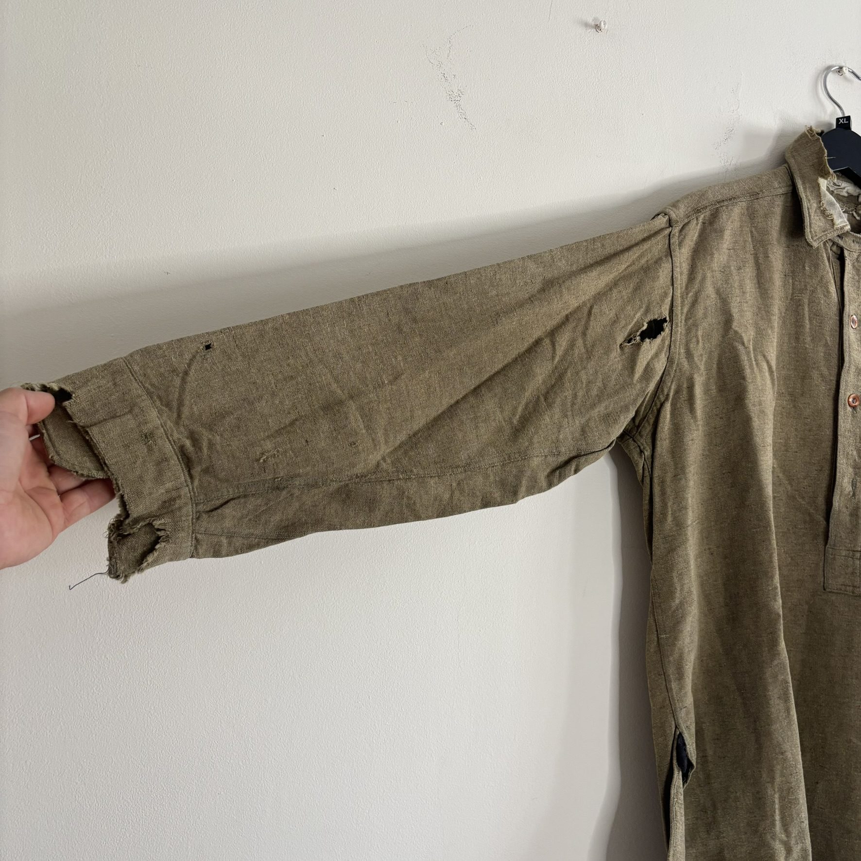 Vintage 1930s 40s Selecto Pullover Work Shirt Distressed Olive Green Placket image 4