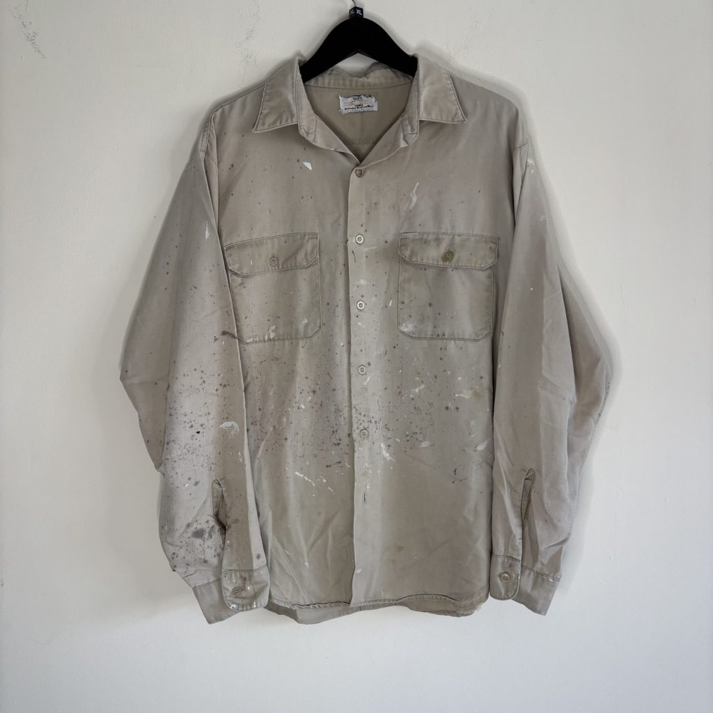 Vintage 60s Sears Perma-Prest Work Shirt Khaki Paint Splatter Long Sleeve Size L