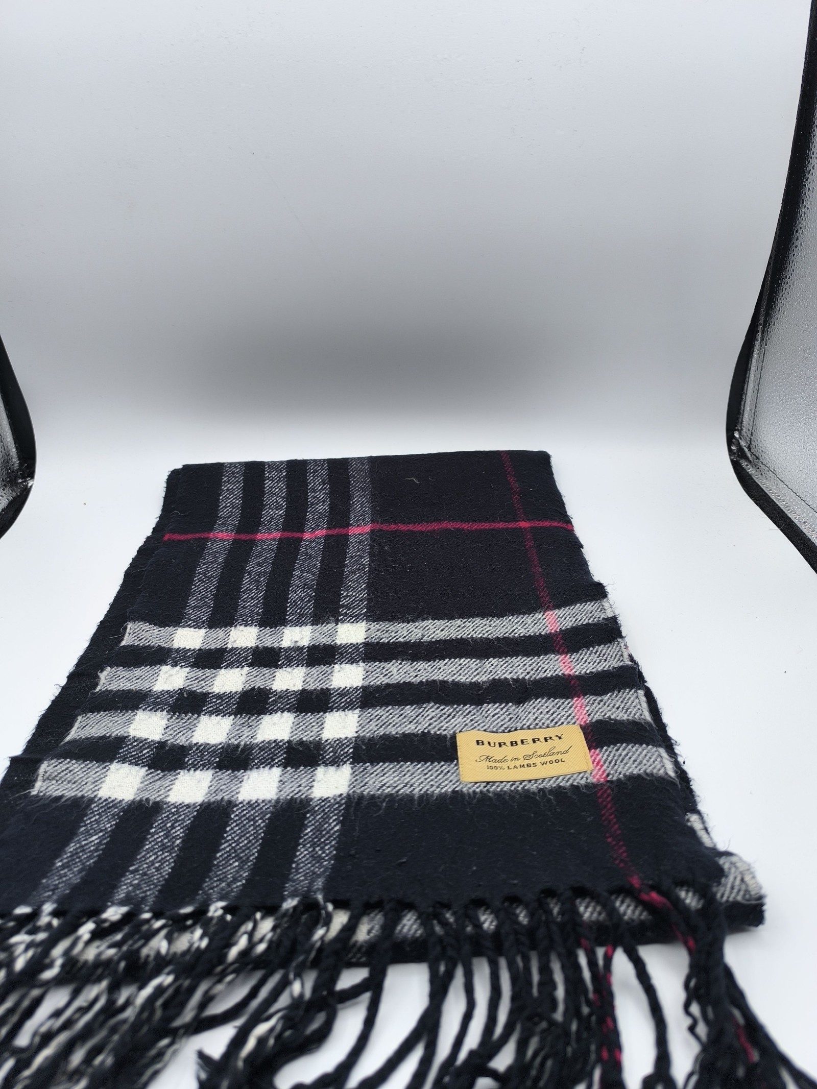Burberry Black & White & Red Check Lambs Wool Scarf