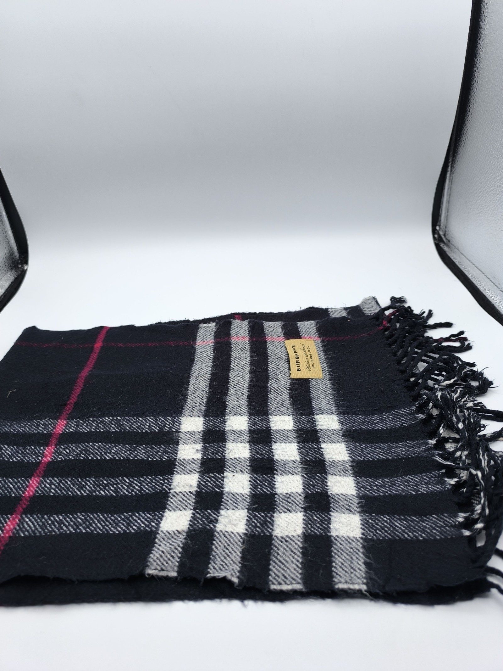 Burberry Black & White & Red Check Lambs Wool Scarf image 6