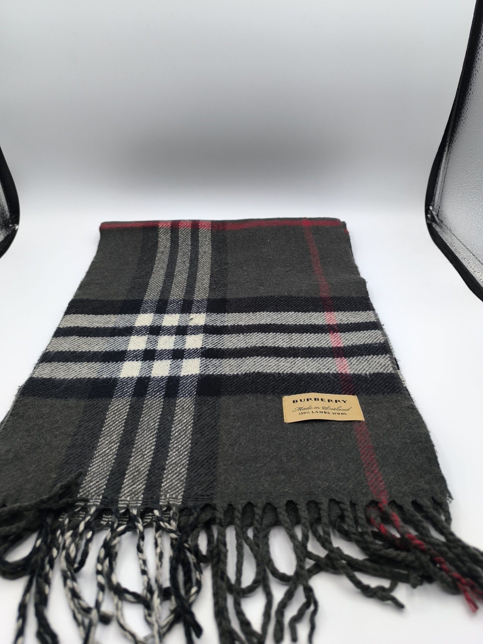 Burberry Grey & Red Lambswool Check Scarf