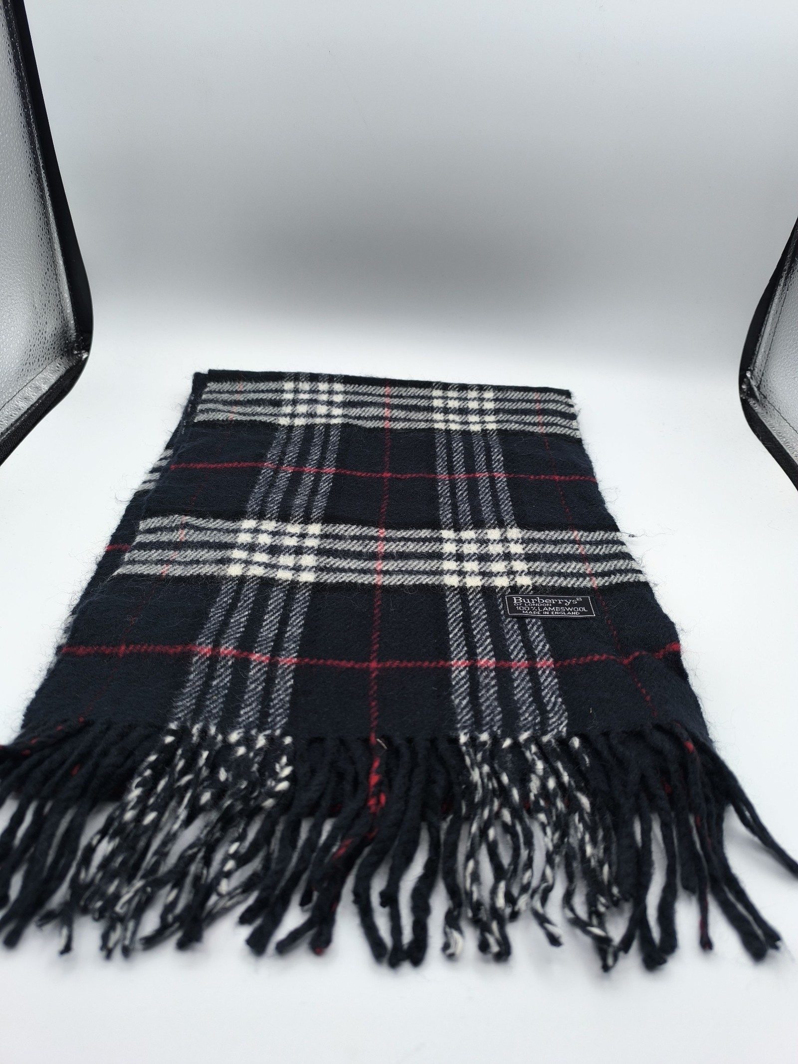 Burberry Black & White & Red Lambswool Scarf Made in England