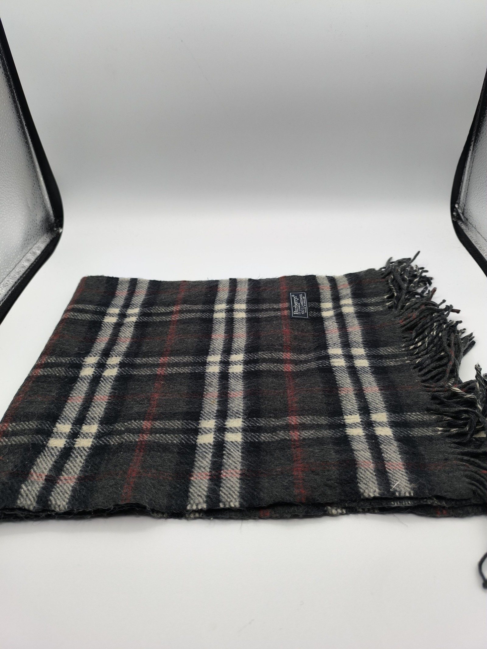 Burberry Black & Grey Wool Plaid Scarf Lambswool image 6
