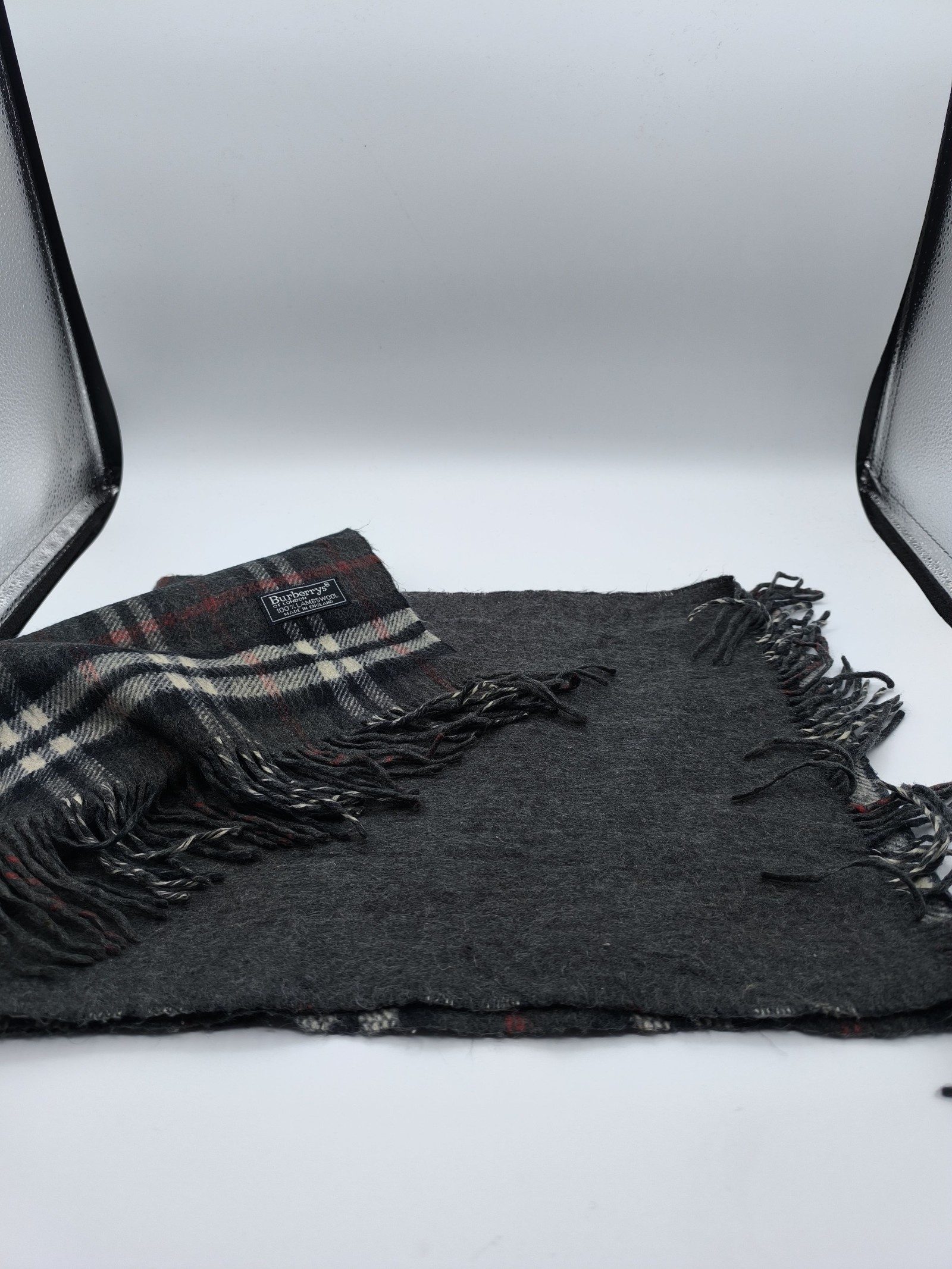 Burberry Black & Grey Wool Plaid Scarf Lambswool image 7
