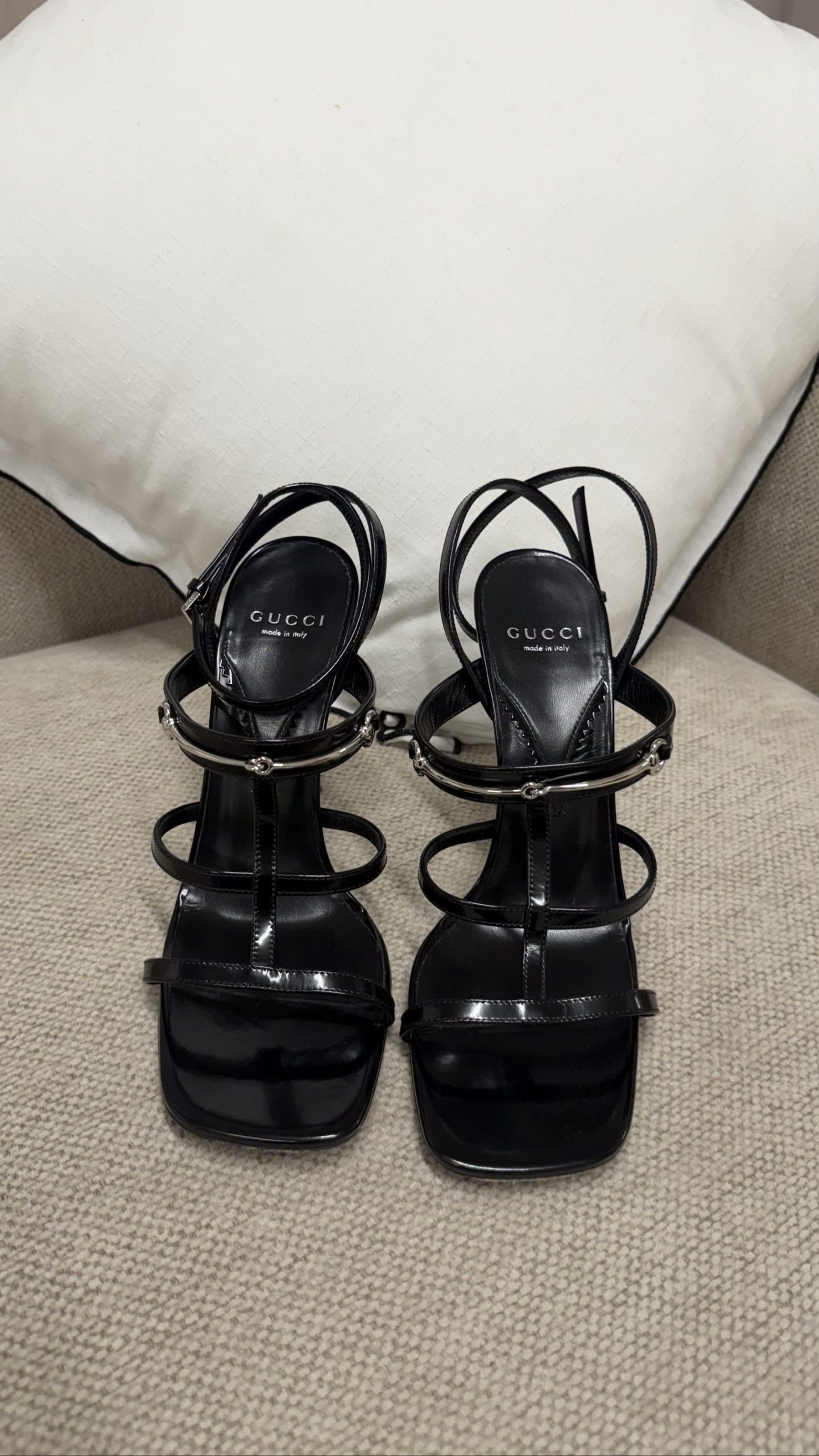 Gucci Horsebit Strappy Sandals — Black Leather with Silver Hardware, EU 39.5