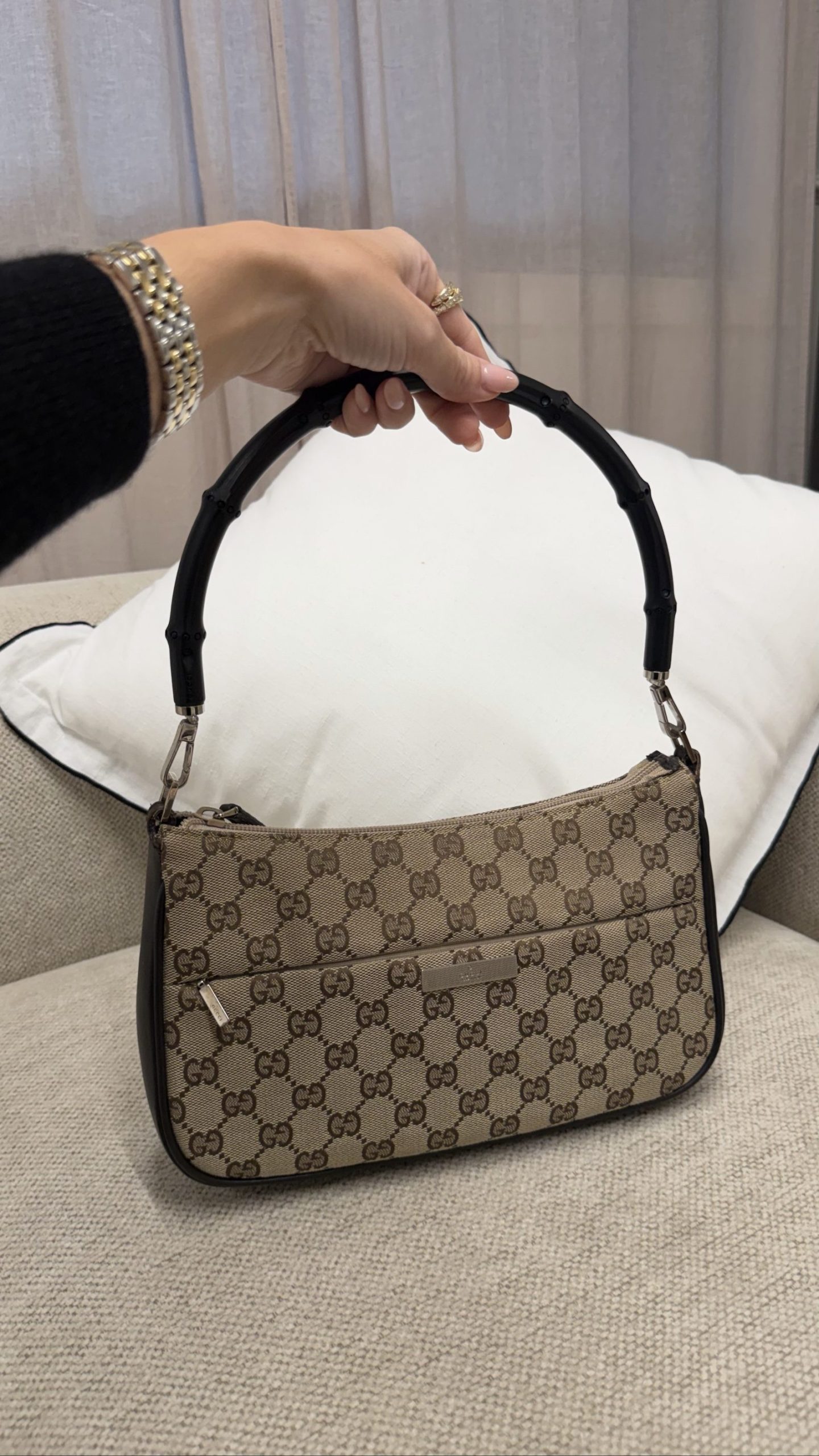 Gucci Tom Ford Top Handle Bag – Beige GG Jacquard with Black Bamboo image 3