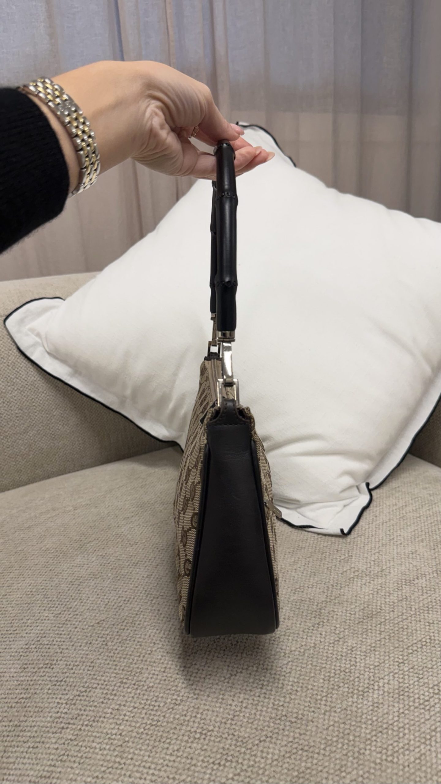 Gucci Tom Ford Top Handle Bag – Beige GG Jacquard with Black Bamboo image 4