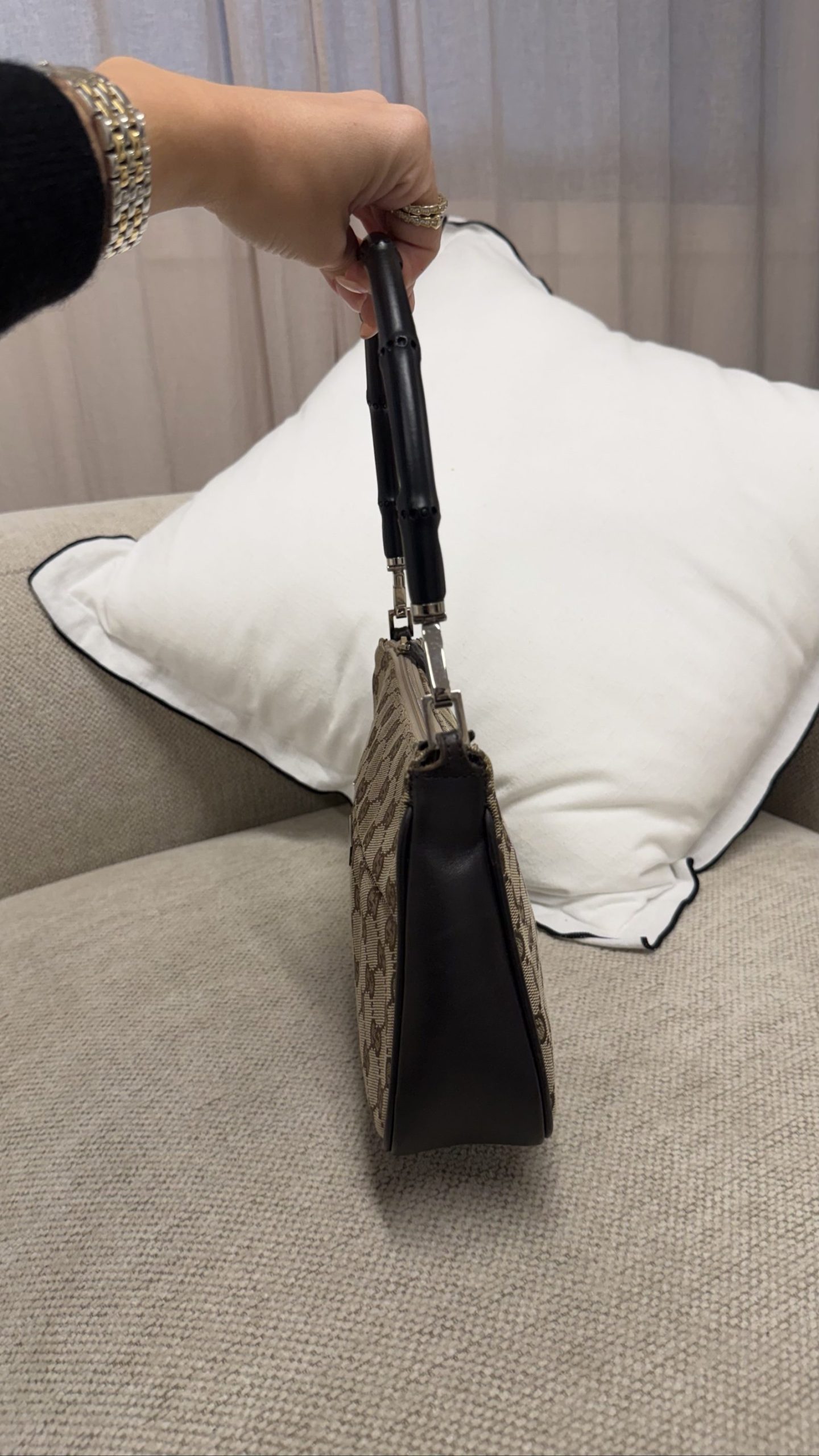 Gucci Tom Ford Top Handle Bag – Beige GG Jacquard with Black Bamboo image 5