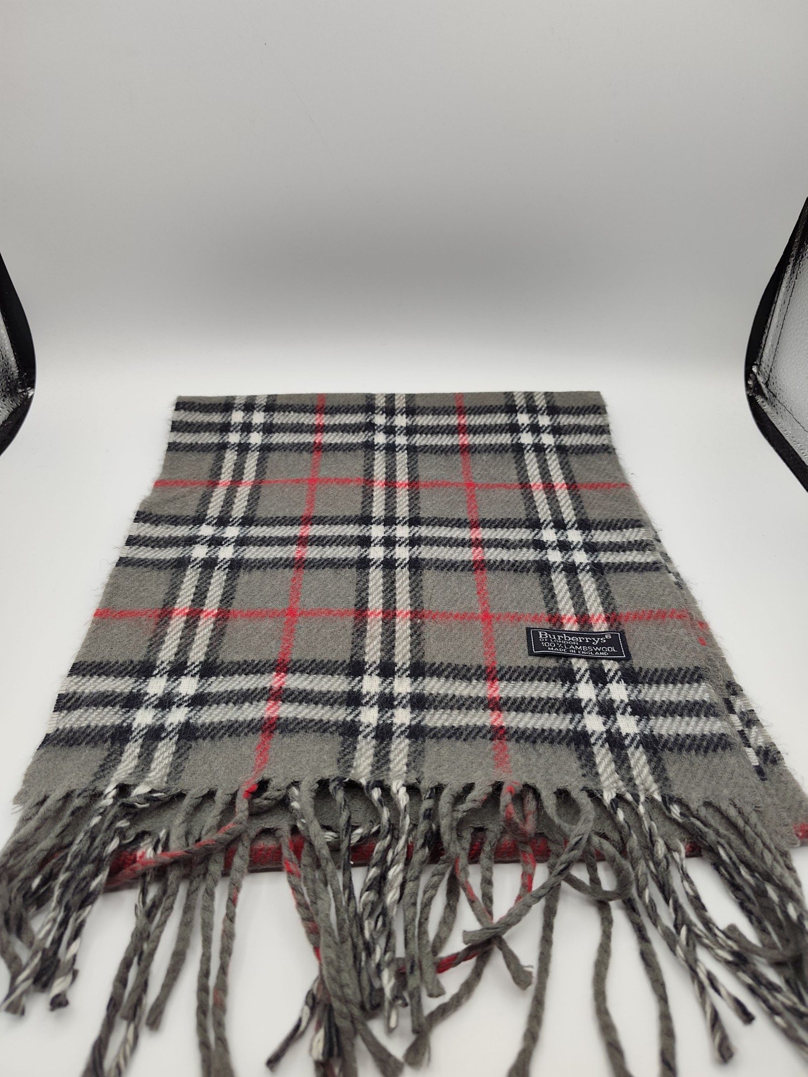 Burberry Grey Red Black Lambswool Checkered Scarf