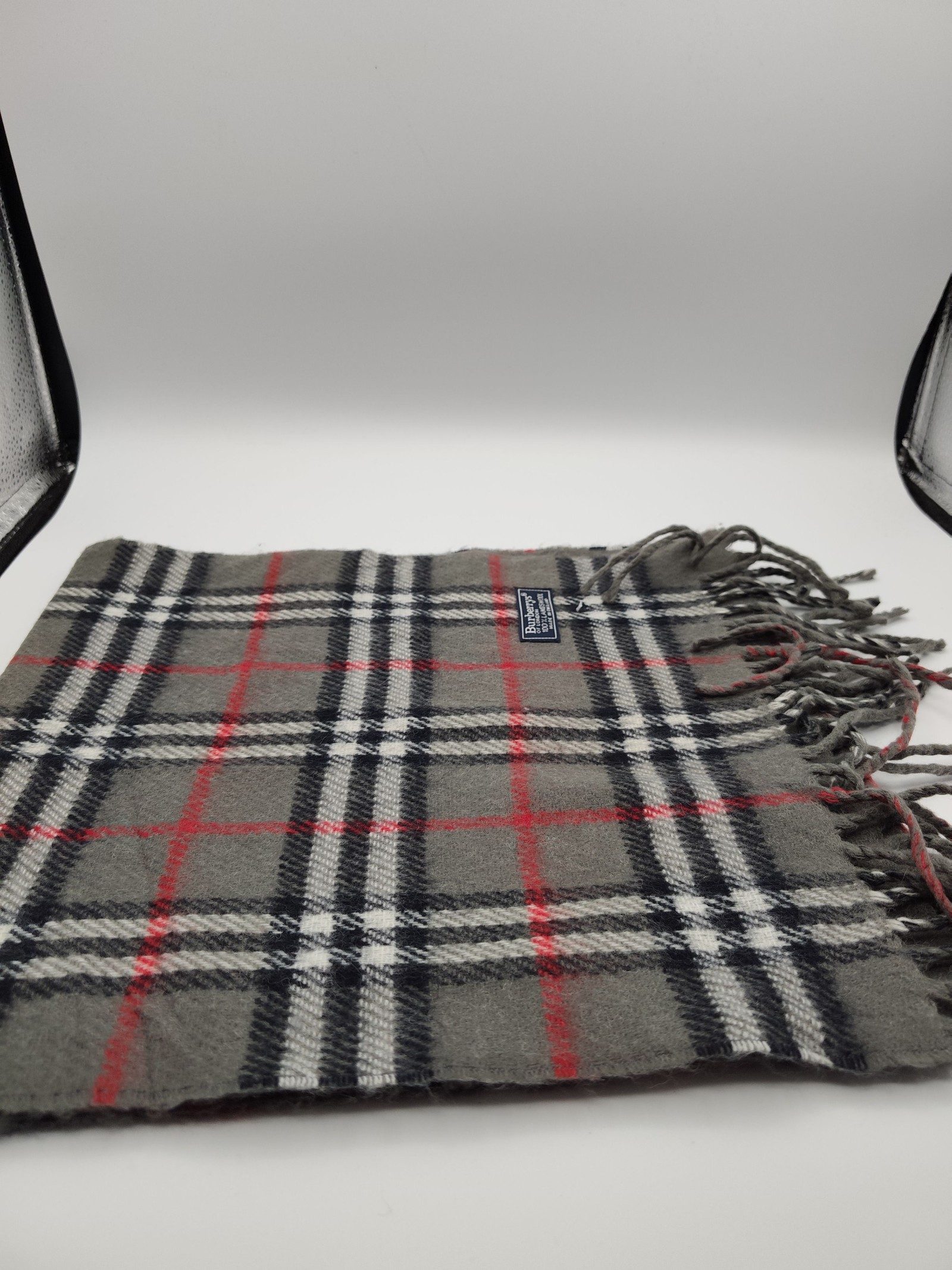 Burberry Grey Red Black Lambswool Checkered Scarf image 6