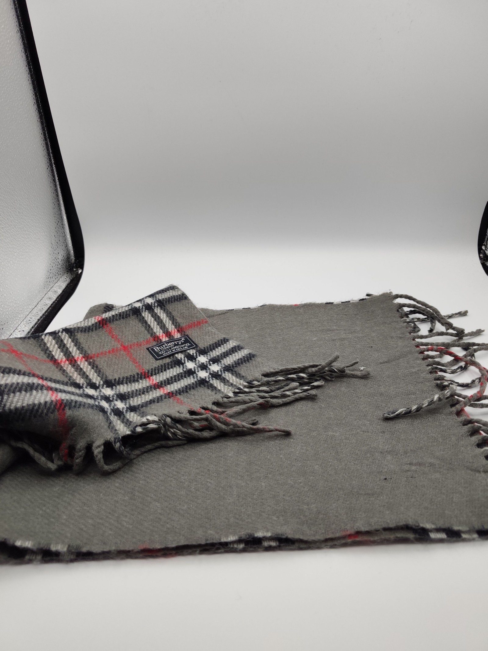 Burberry Grey Red Black Lambswool Checkered Scarf image 7