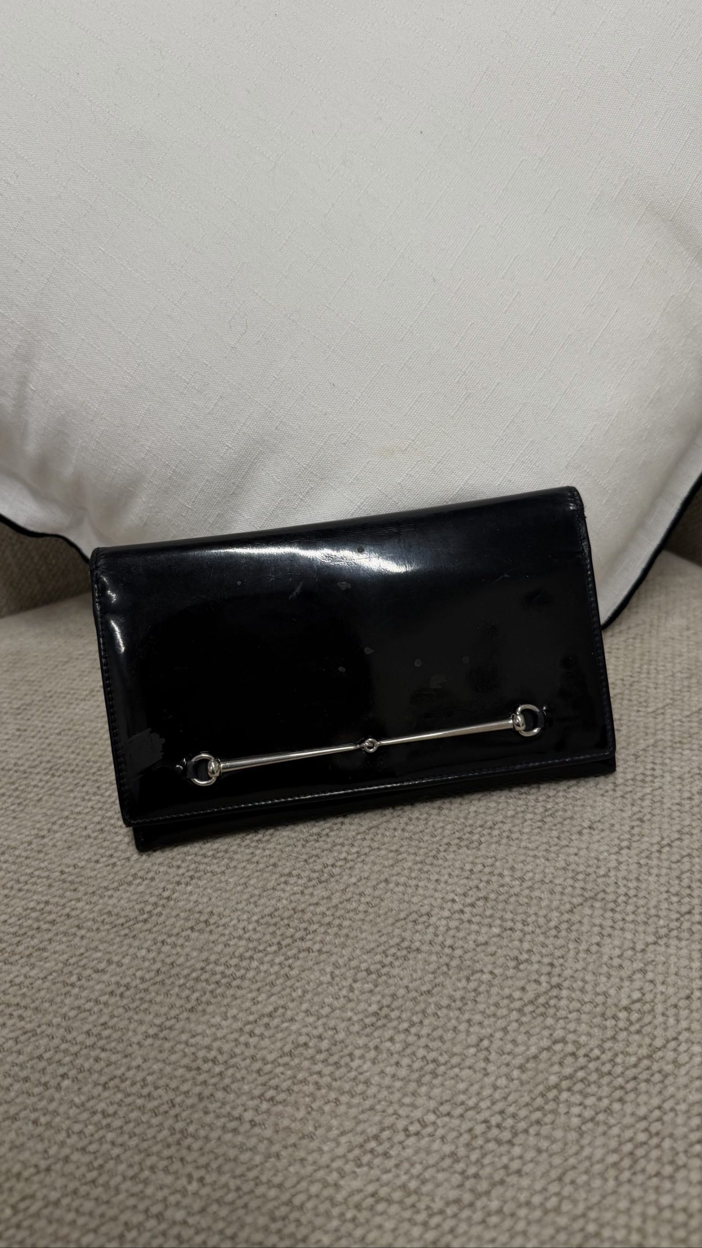 Gucci Tom Ford Horsebit Wallet — Black Patent Leather & Silver Hardware