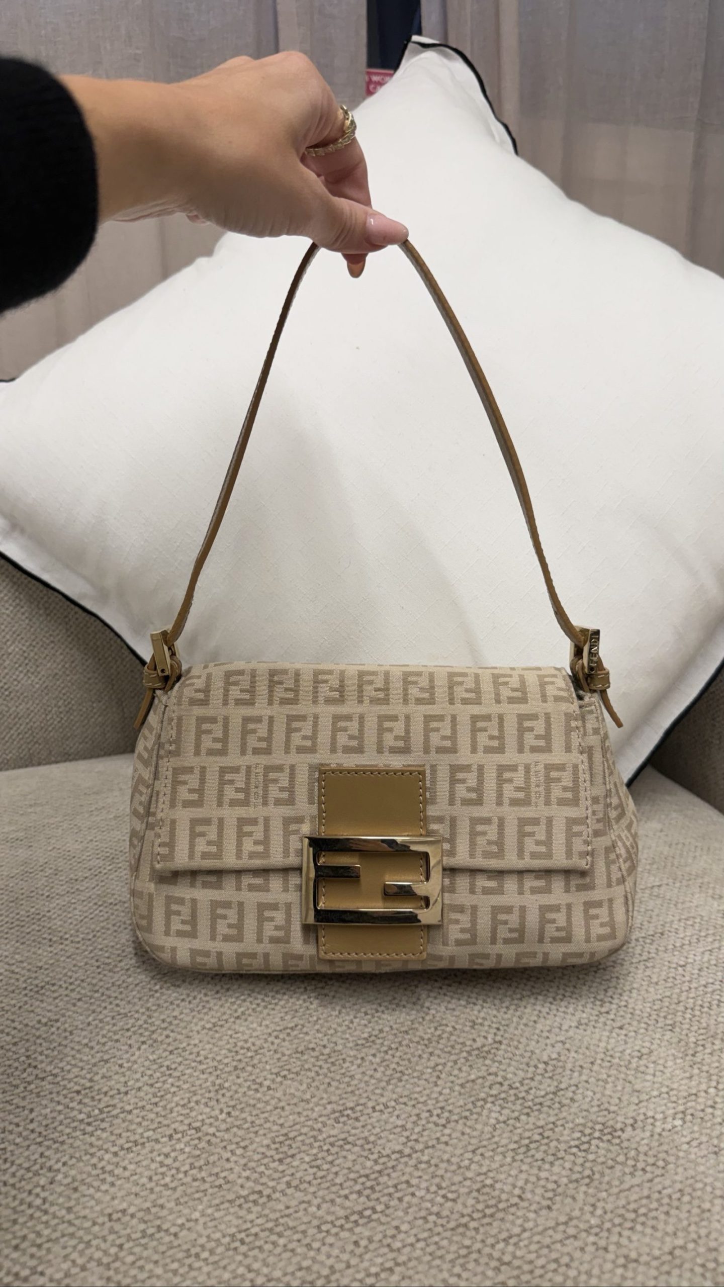 Fendi Mini Mamma Baguette — Beige Zucca Canvas & Tan Leather, Gold Hardware