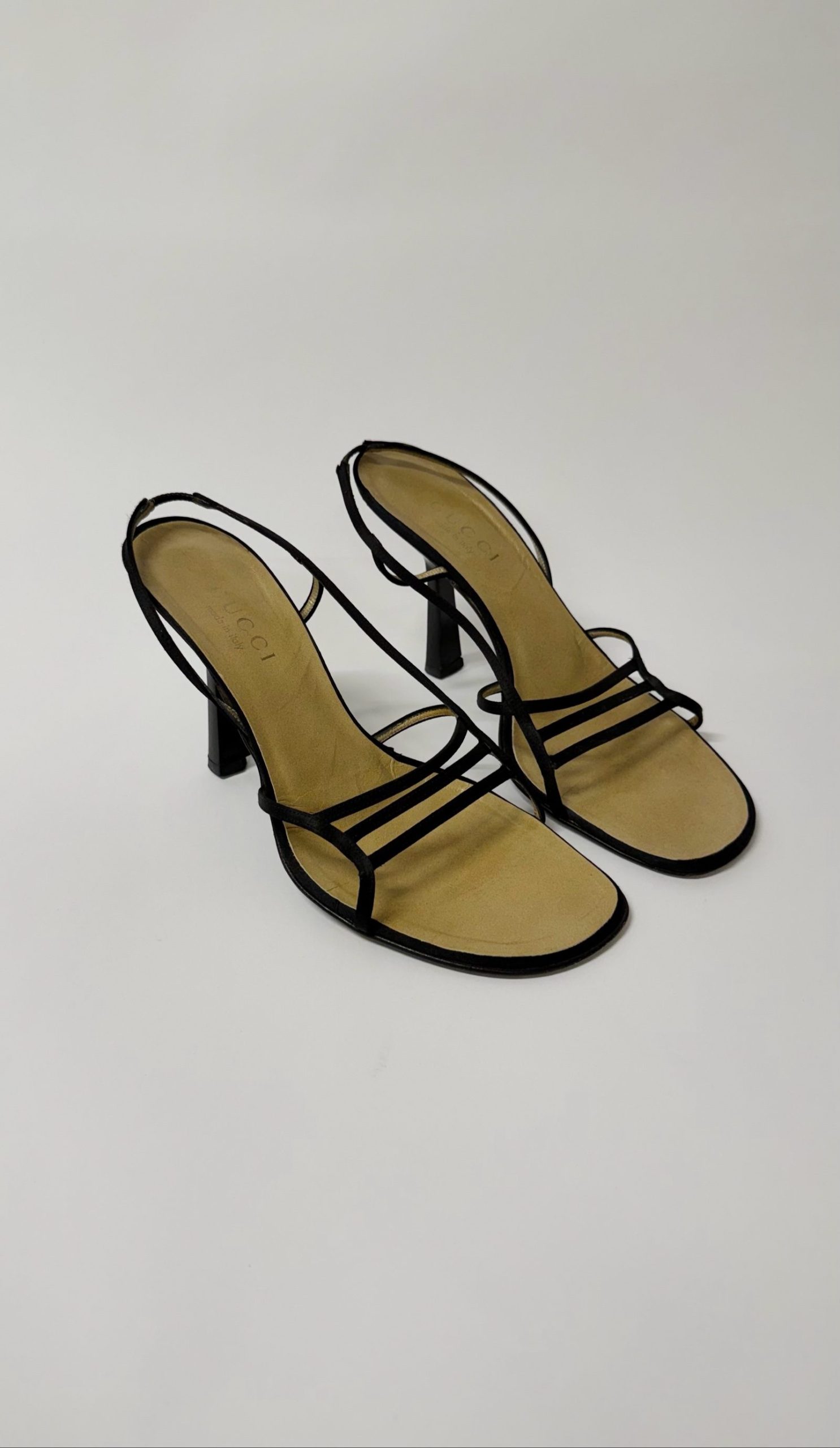 Vintage Gucci Black silky Strappy slip on heels 37.5