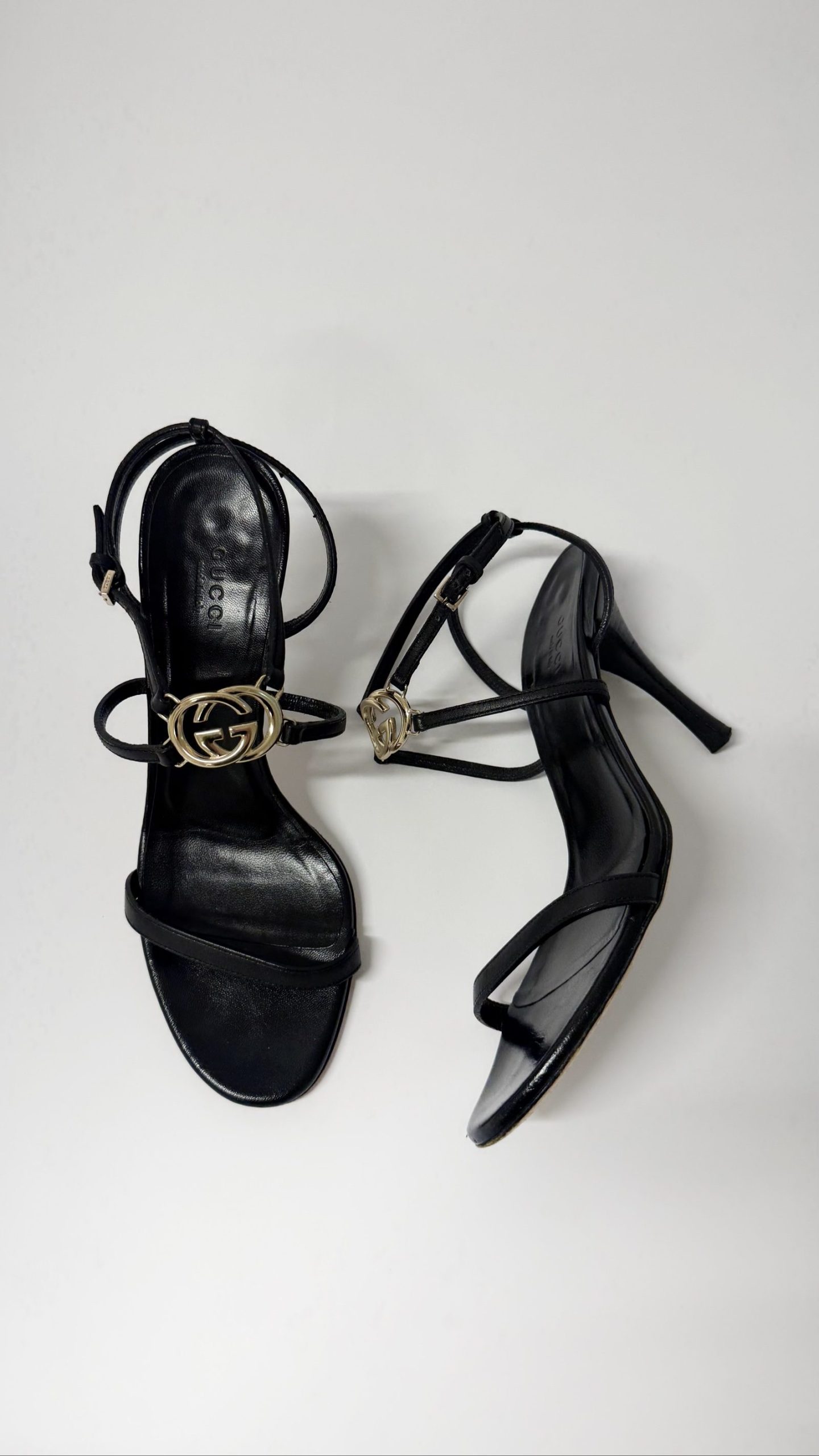 Vintage Gucci Kid Black Leather Strappy heels 37.5