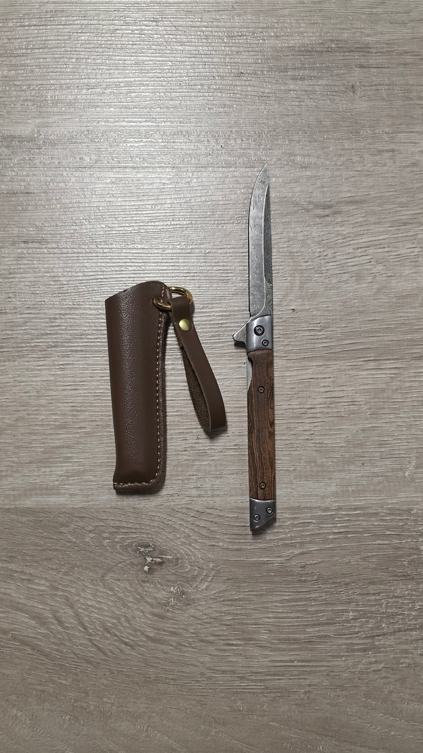 Klappmesser mit Holzgriff und Lederscheide Braun & Holz Brandneu