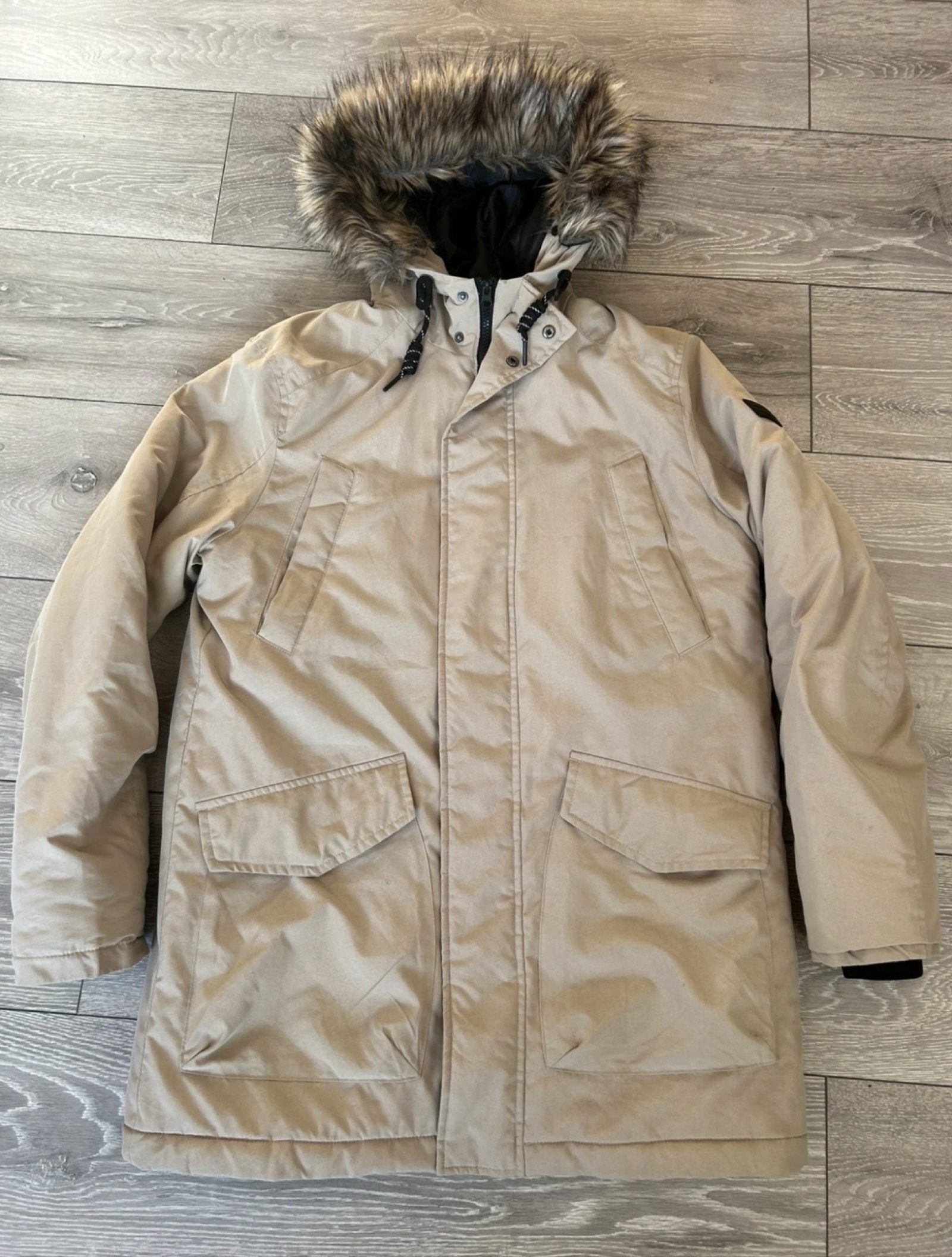 Jack & Jones Beige Faux Fur Hooded Parka Coat Small