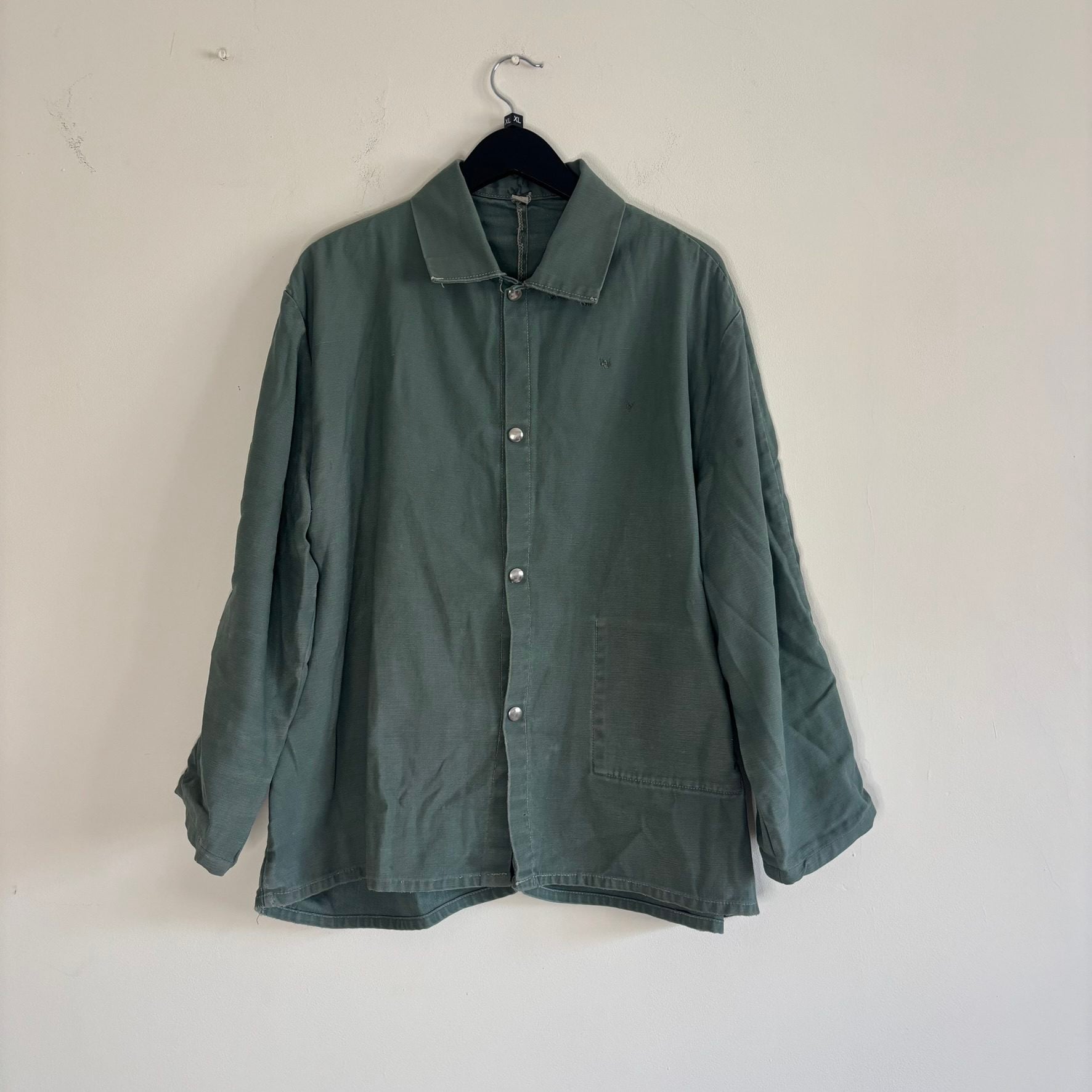 Vintage 60s 70s Sager Glove Green Cotton Work Jacket Snap Front Stencilled XL image 3