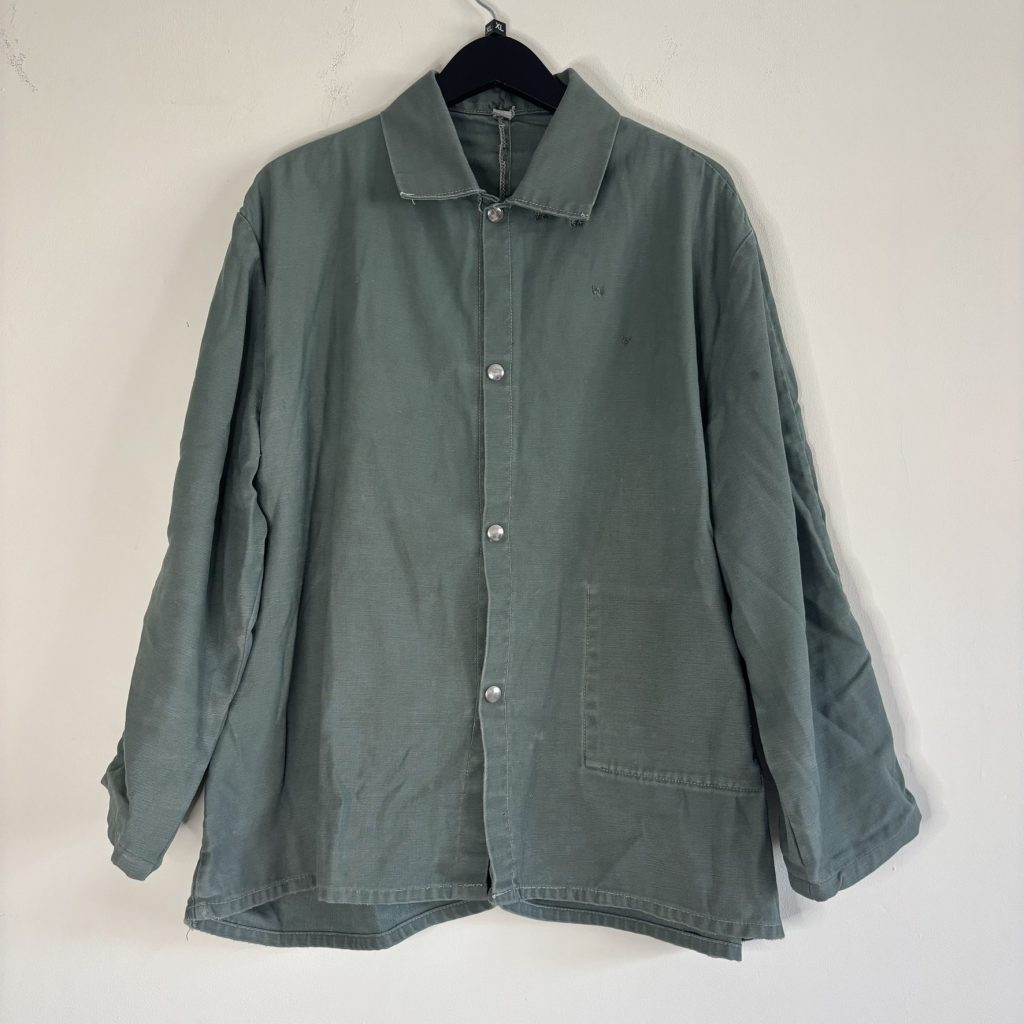 Vintage 60s 70s Sager Glove Green Cotton Work Jacket Snap Front Stencilled XL