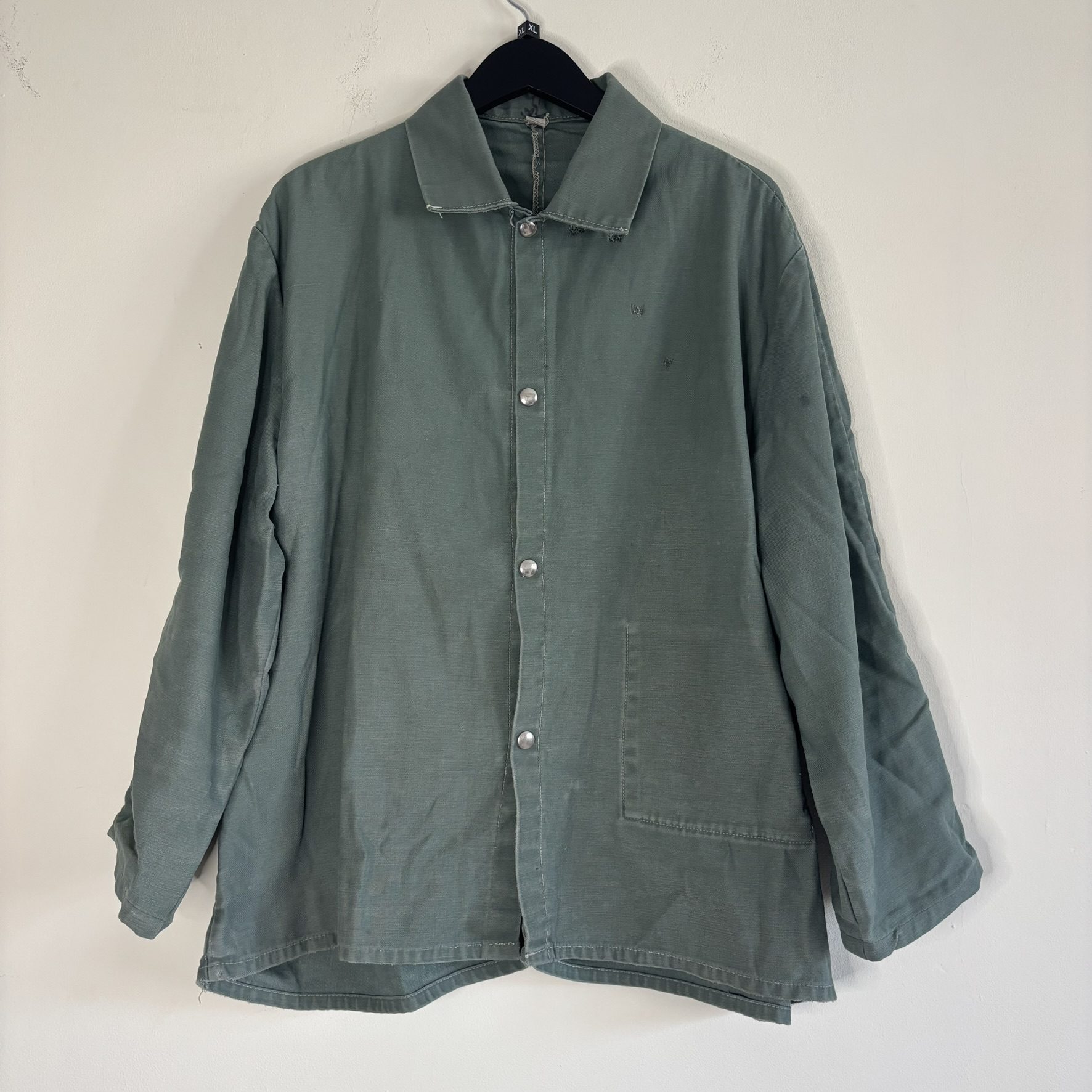 Vintage 60s 70s Sager Glove Green Cotton Work Jacket Snap Front Stencilled XL
