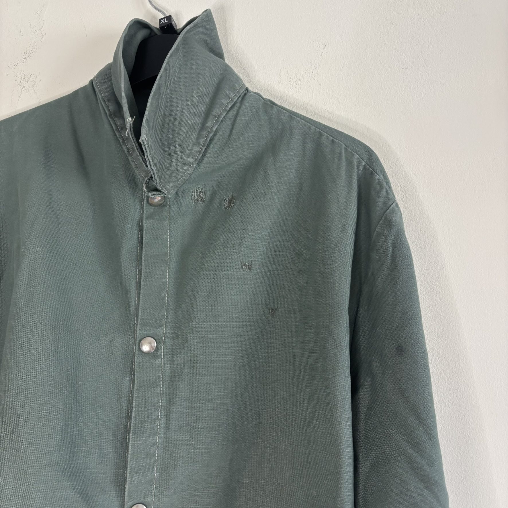 Vintage 60s 70s Sager Glove Green Cotton Work Jacket Snap Front Stencilled XL image 4