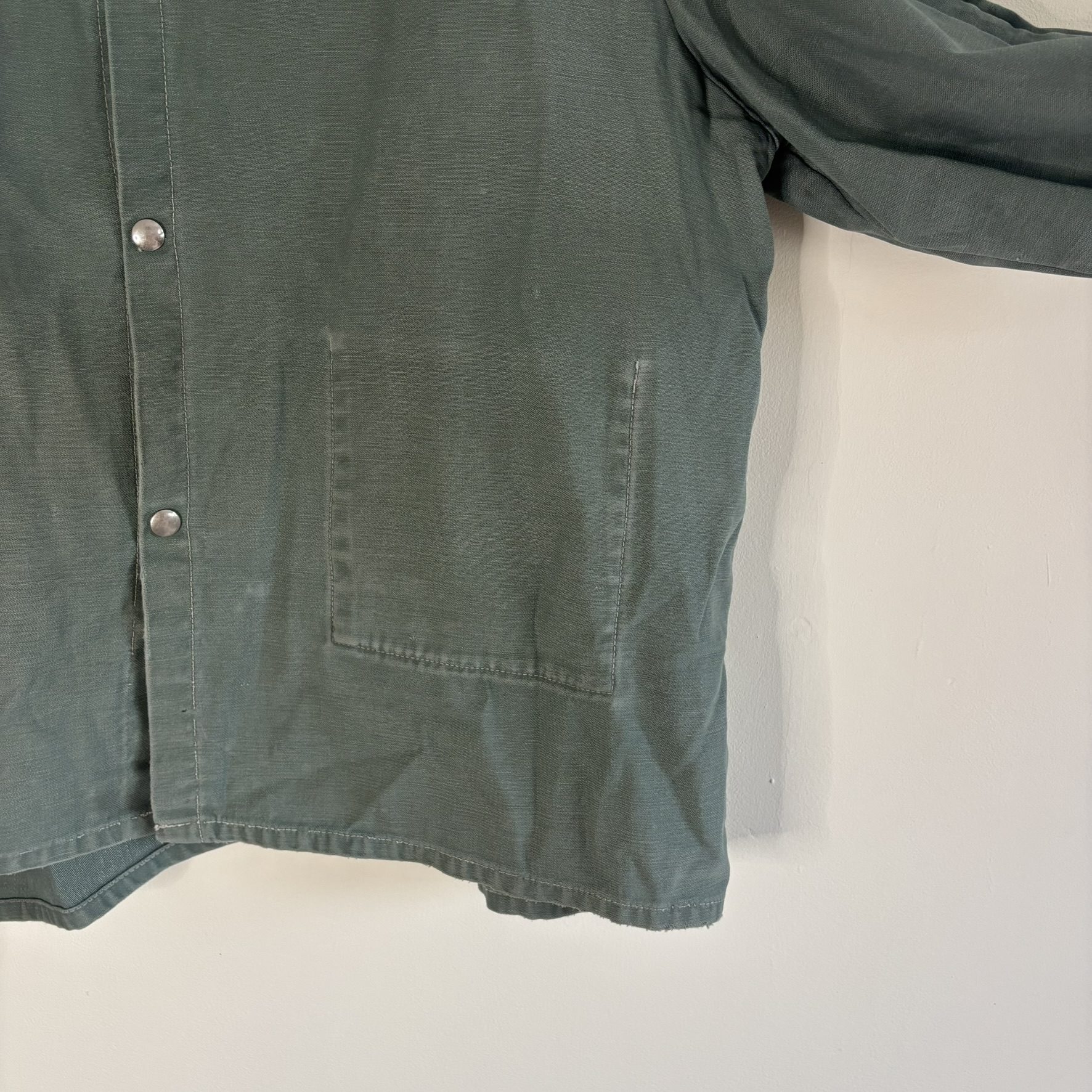 Vintage 60s 70s Sager Glove Green Cotton Work Jacket Snap Front Stencilled XL image 6