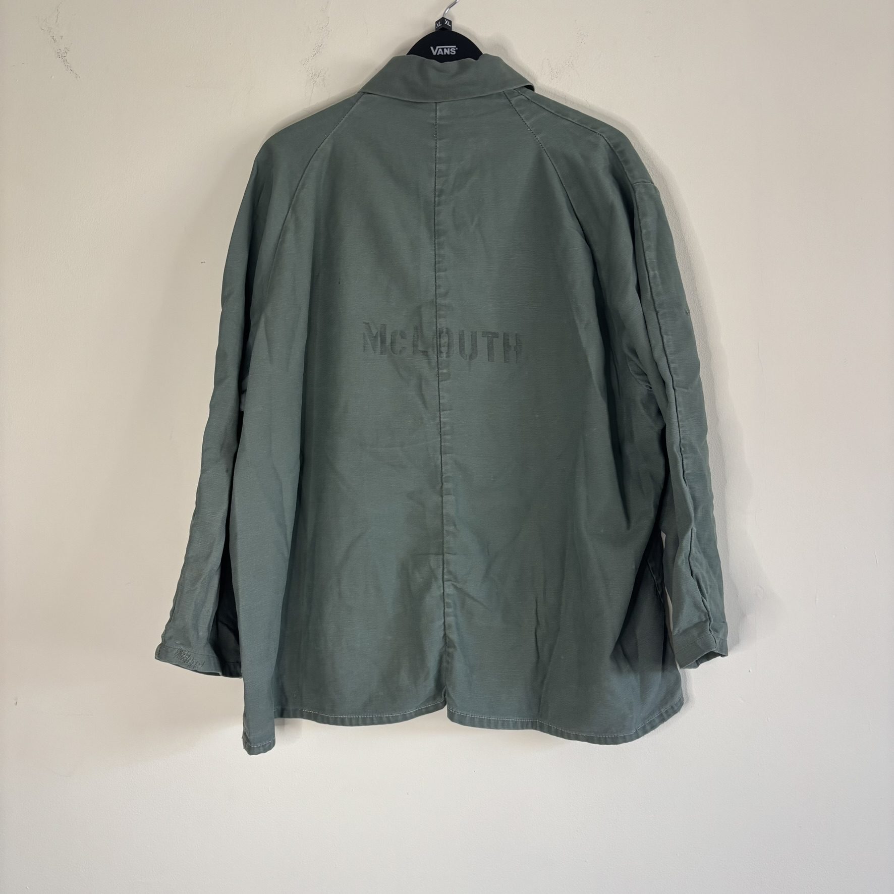 Vintage 60s 70s Sager Glove Green Cotton Work Jacket Snap Front Stencilled XL image 2