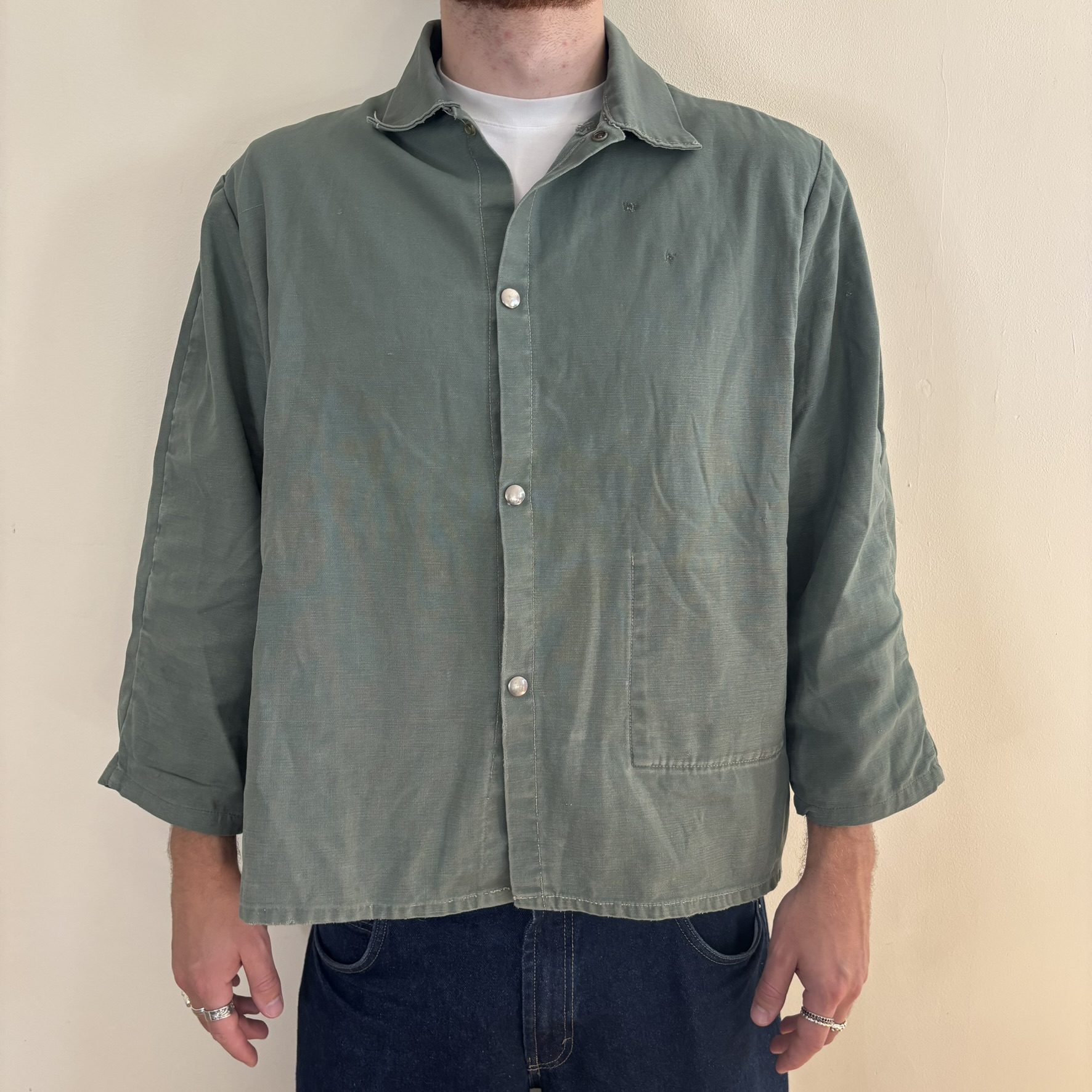 Vintage 60s 70s Sager Glove Green Cotton Work Jacket Snap Front Stencilled XL image 8