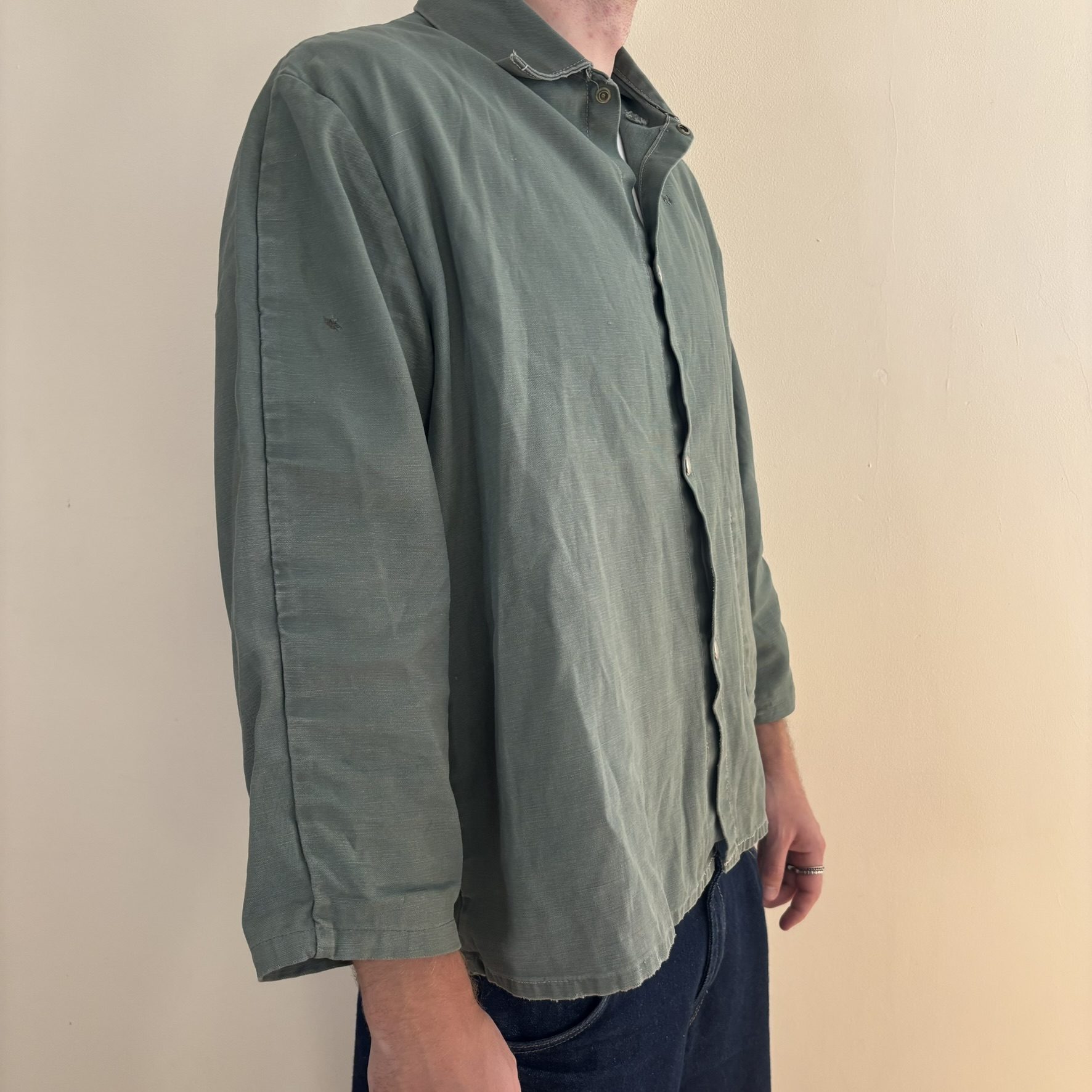Vintage 60s 70s Sager Glove Green Cotton Work Jacket Snap Front Stencilled XL image 9