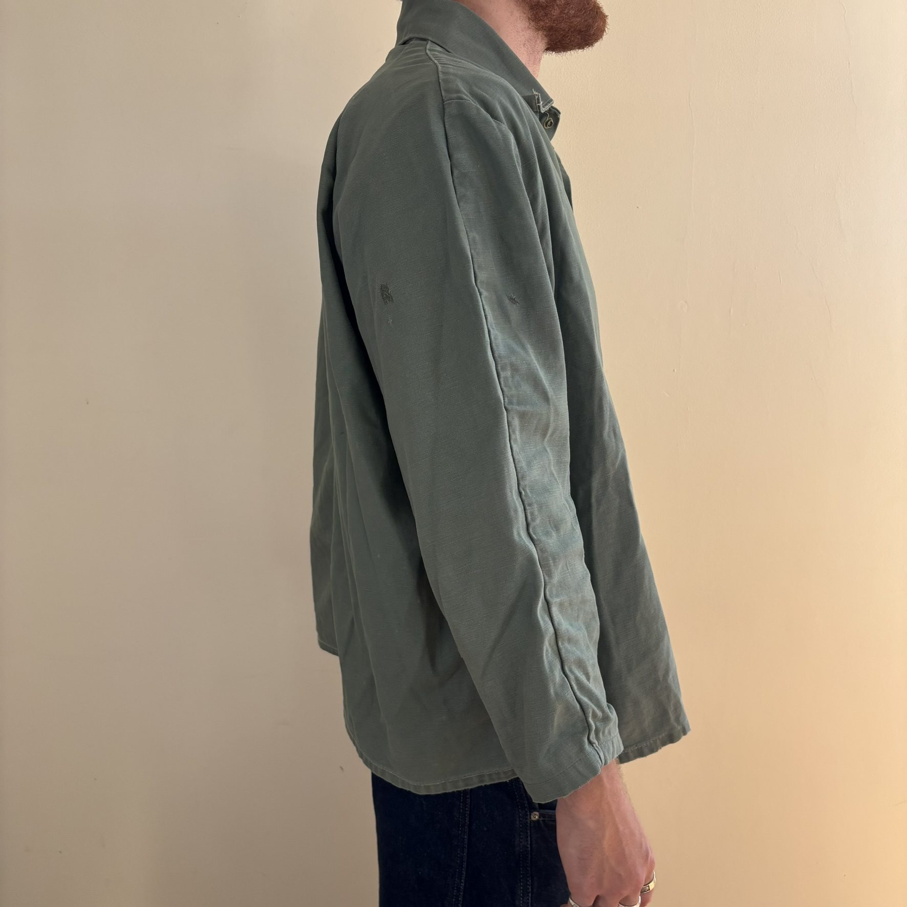 Vintage 60s 70s Sager Glove Green Cotton Work Jacket Snap Front Stencilled XL image 10