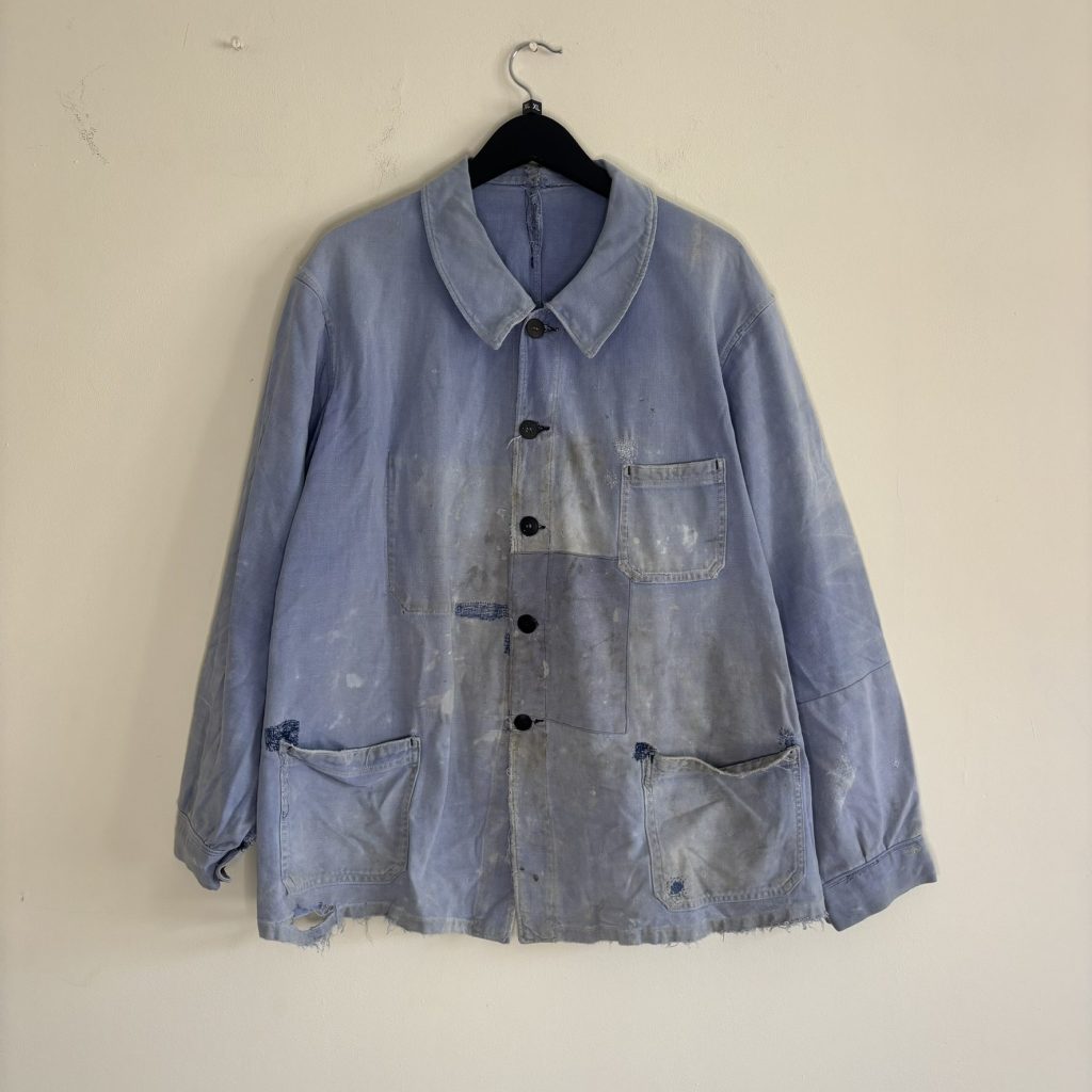 Vintage 1950s French Bleu de Travail Chore Jacket Patchwork Repaired, Size L/XL