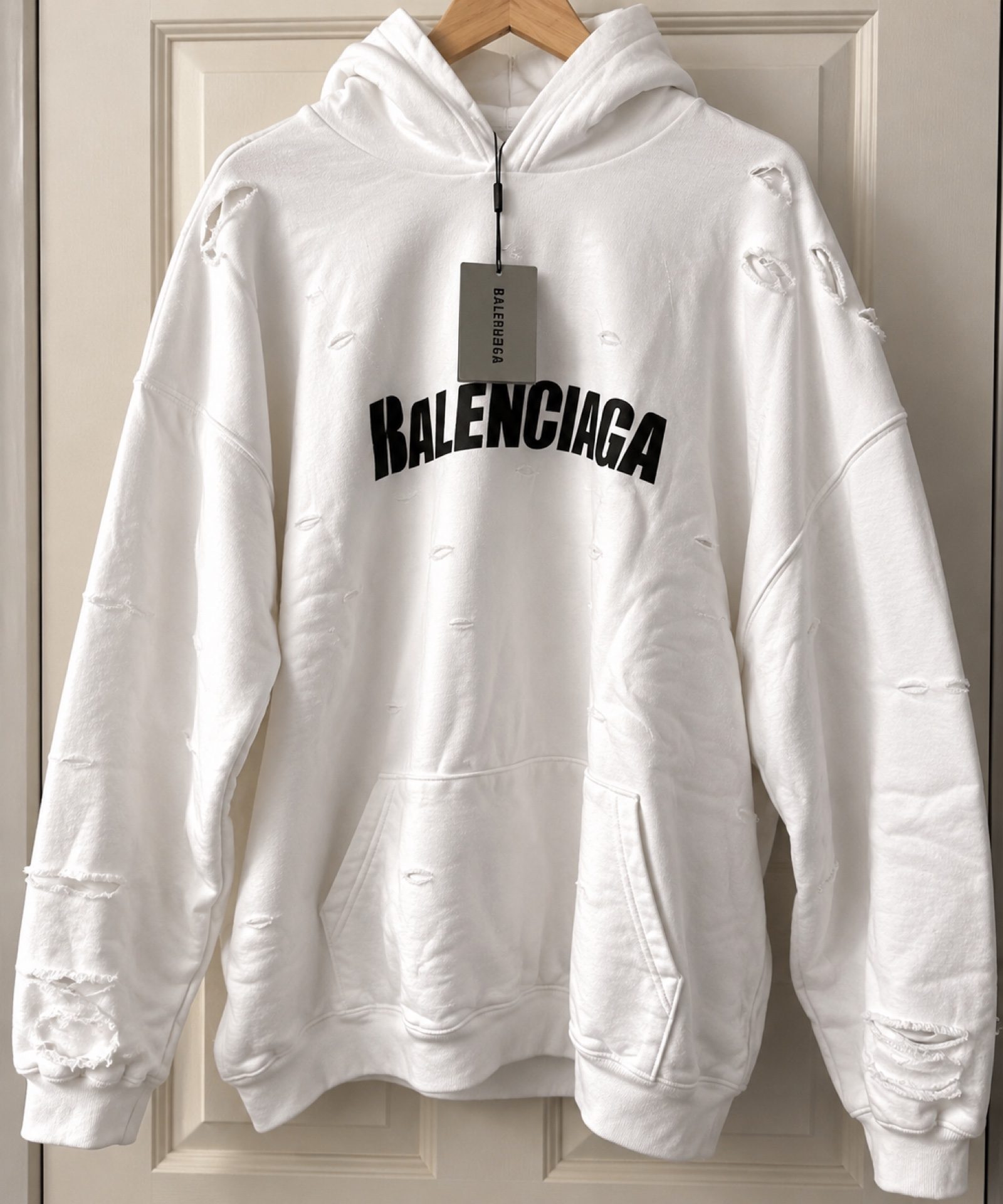 Balenciaga Destroyed Logo Hoodie White XXL Oversized 659403 – Tags Attached