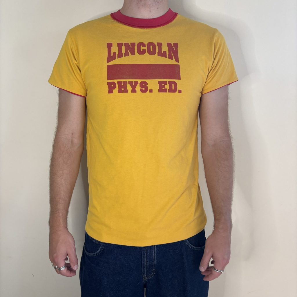 Vintage 70s Lincoln Phys Ed Reversible Double Face Shirt Red Yellow 50/50 USA L