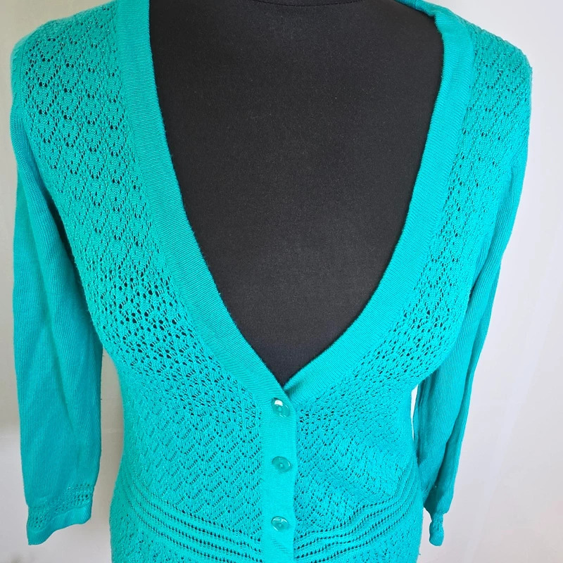 Monsoon Turquoise Pointelle Knit Cardigan – Size 10 – Generous Fit image 2