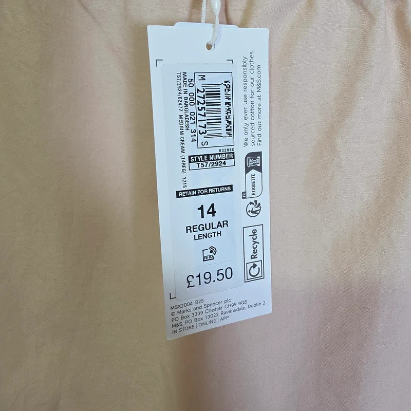 M&S Cream cotton straight leg trousers size 14 regular nwt image 3