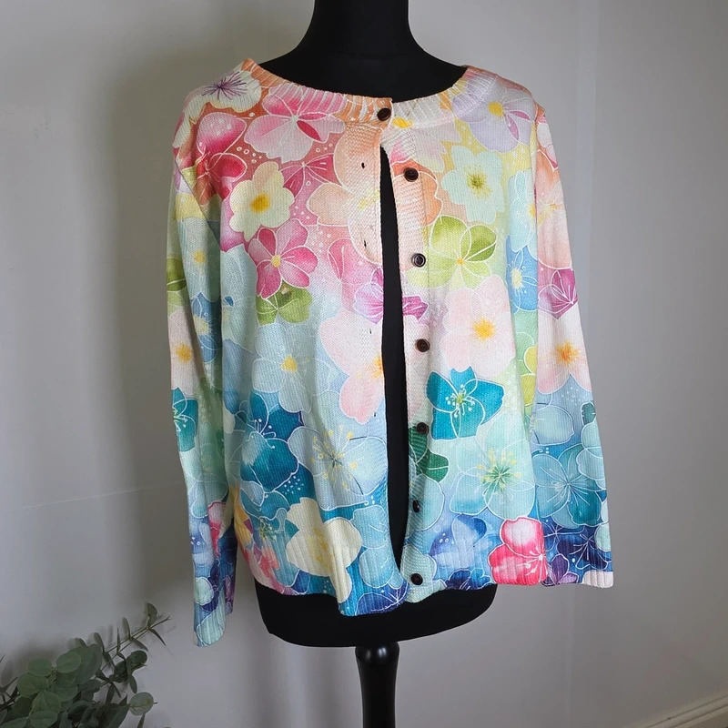 Watercolour Floral Cardigan Size 16 Pink Blue Lightweight Knit