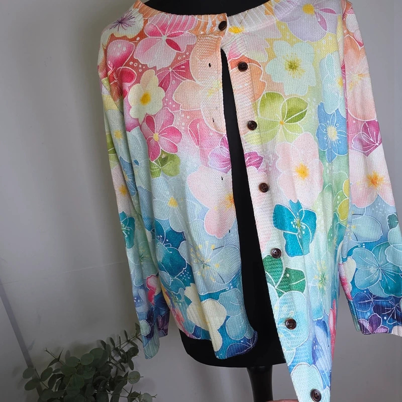 Watercolour Floral Cardigan Size 16 Pink Blue Lightweight Knit image 3