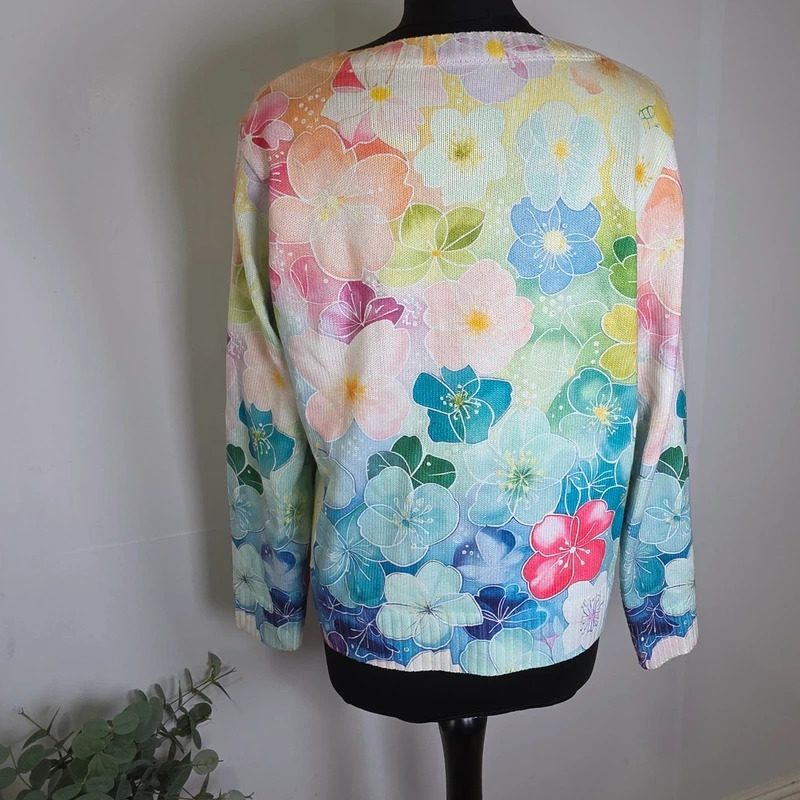 Watercolour Floral Cardigan Size 16 Pink Blue Lightweight Knit image 4