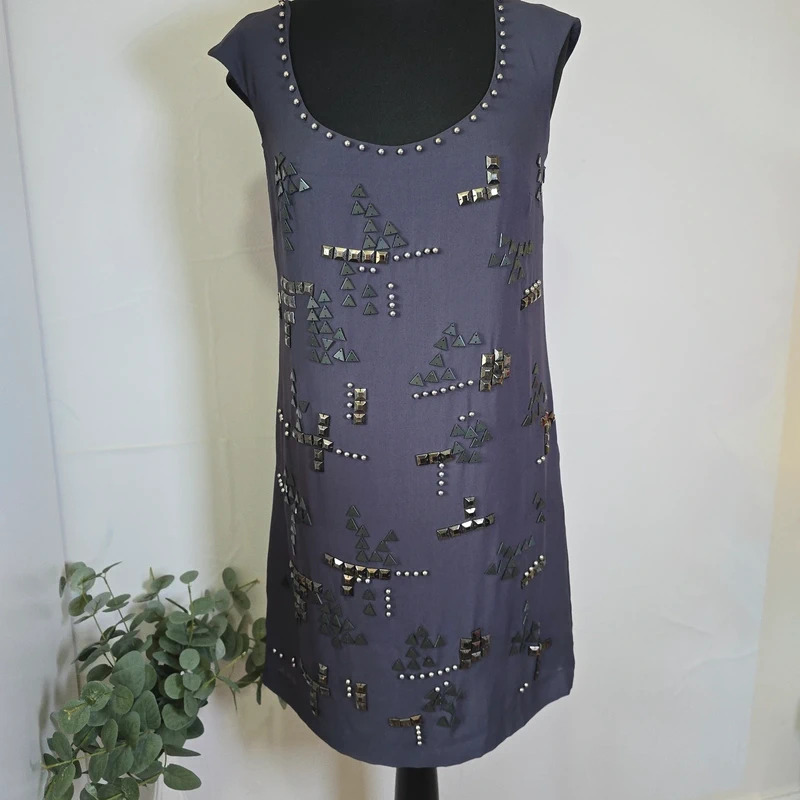 Monsoon Silk Embellished Shift Dress UK 10 BNWT Grey Beaded Party Occasion