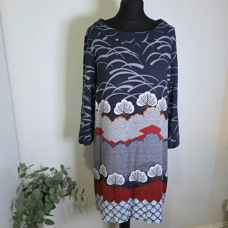 White Stuff Navy Abstract Print Tunic Dress UK 14 Long Sleeve 100% Viscose