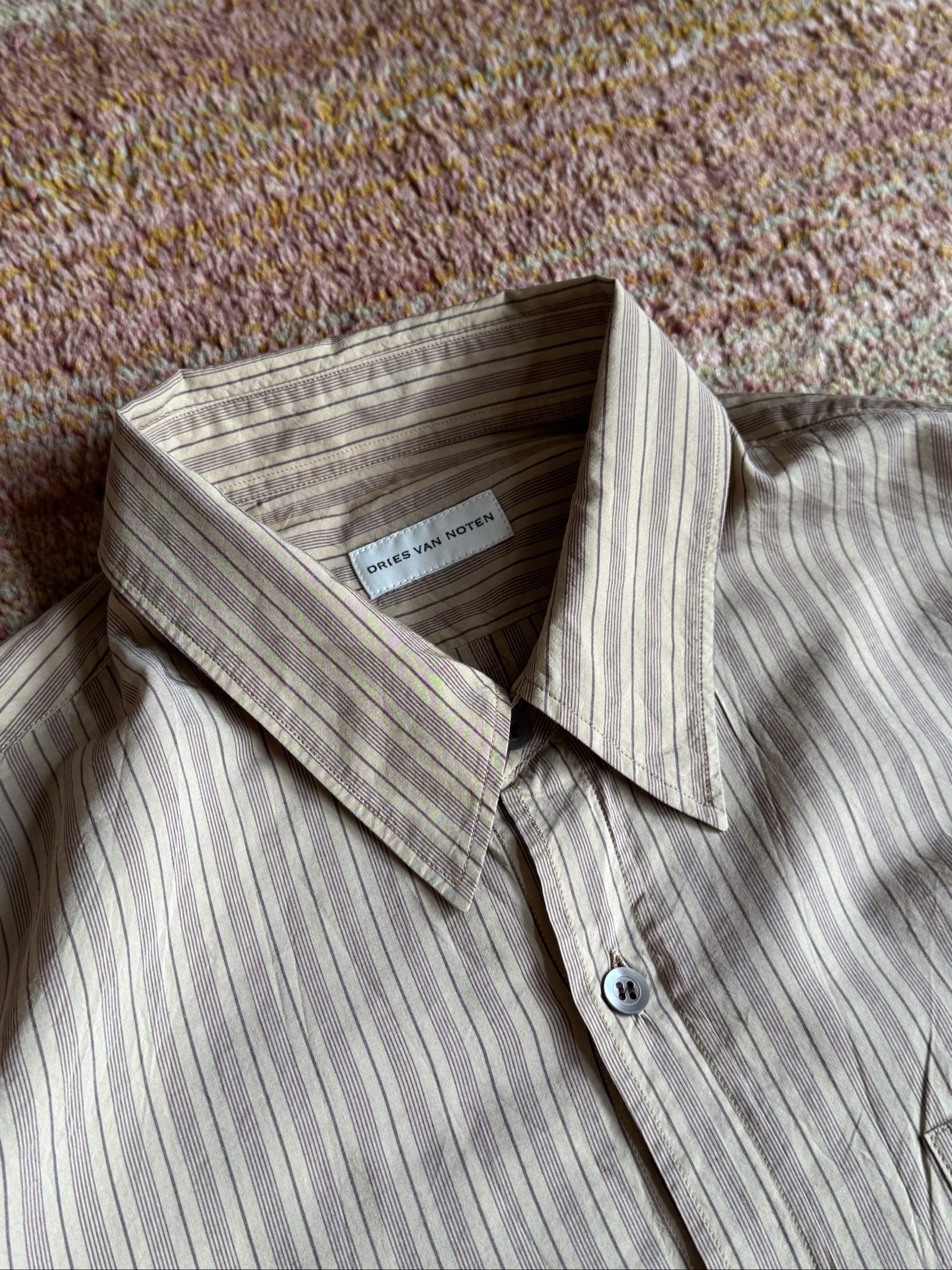 Dries Van Noten Beige & Brown Striped Shirt Size 52 Cotton & Cupro