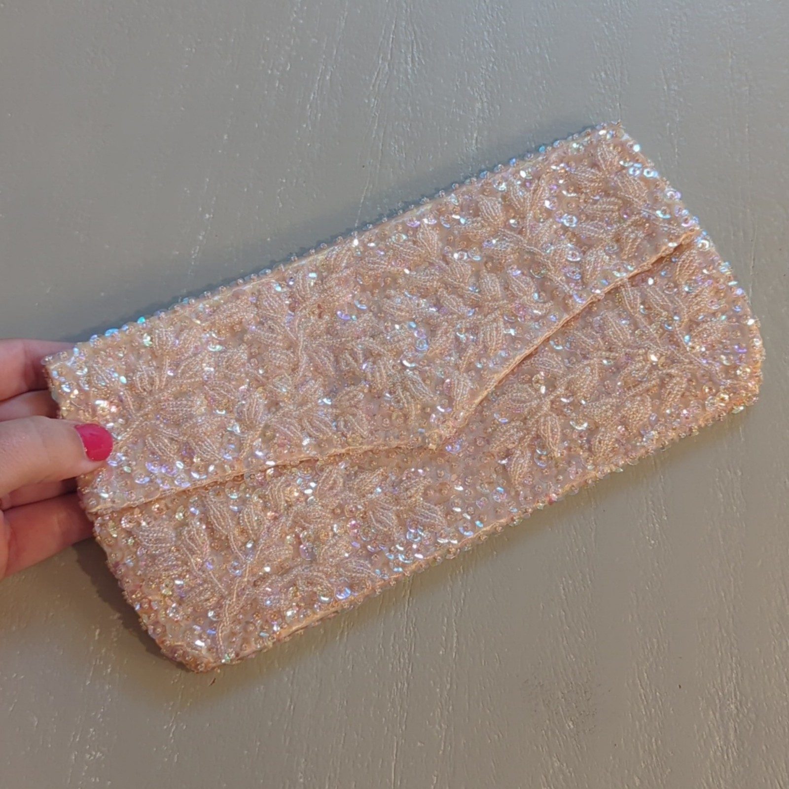 Pink Beaded Sequin Evening Clutch Bag with Satin Lining