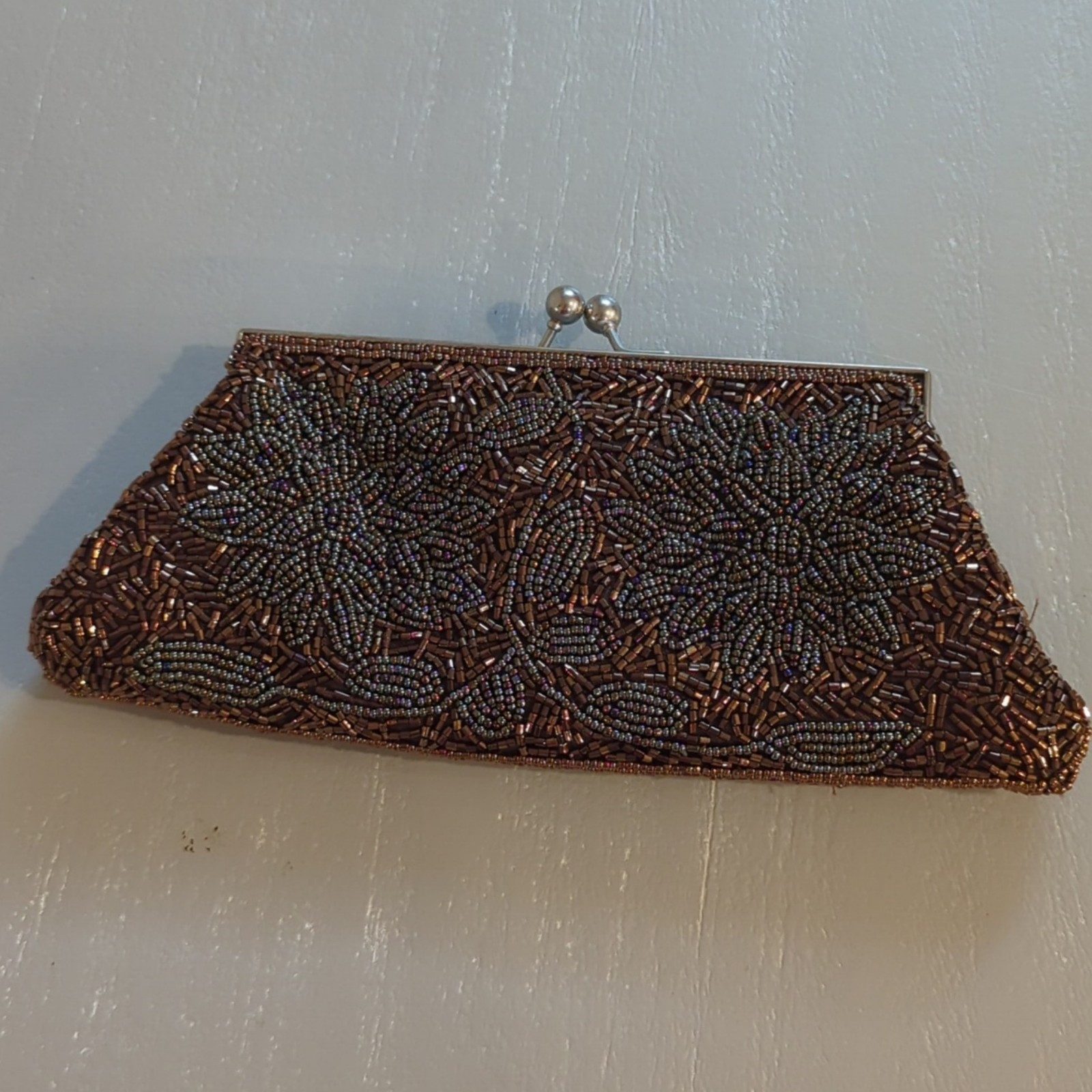 Beaded Brown & Bronze Floral Evening Clutch Purse image 3