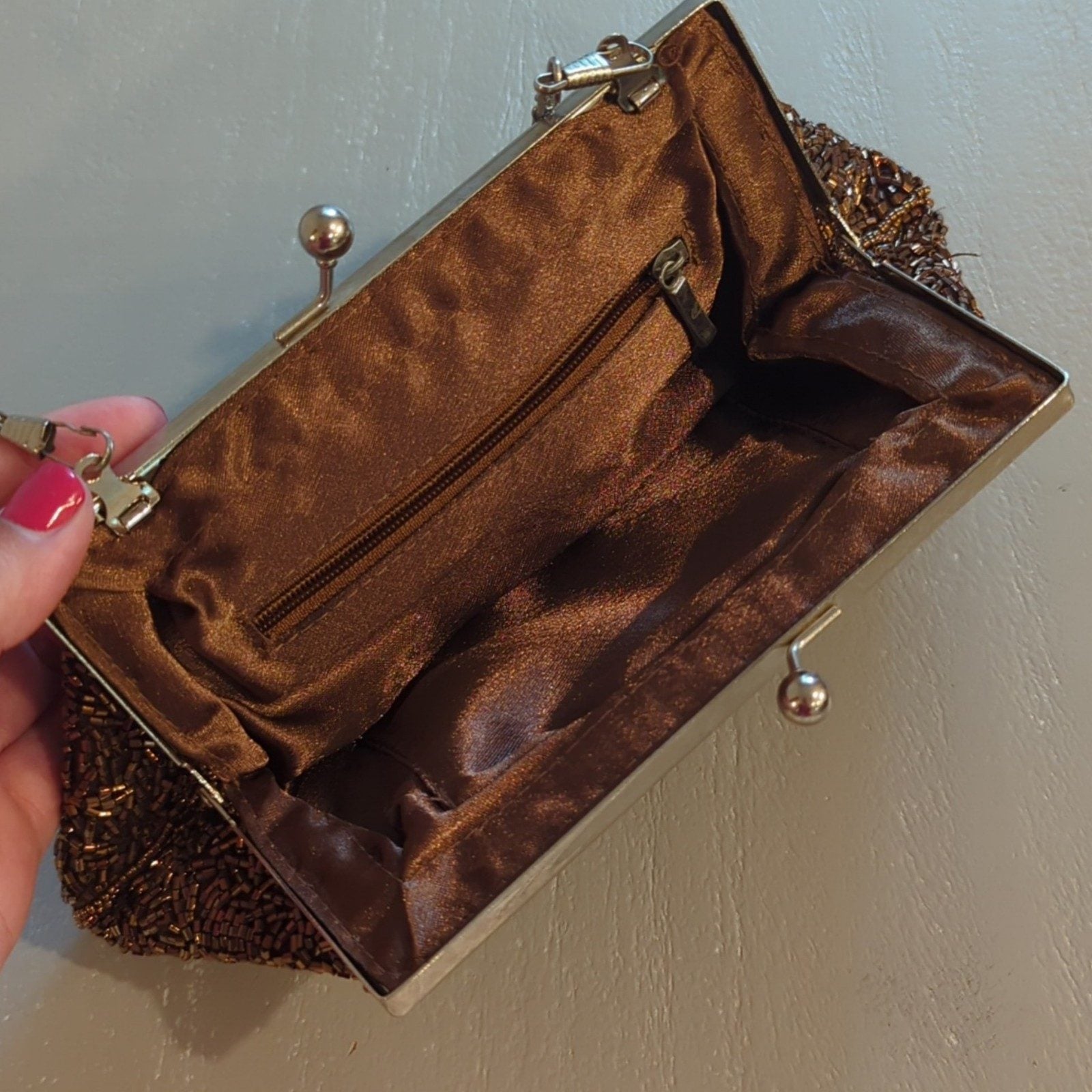 Beaded Brown & Bronze Floral Evening Clutch Purse image 4
