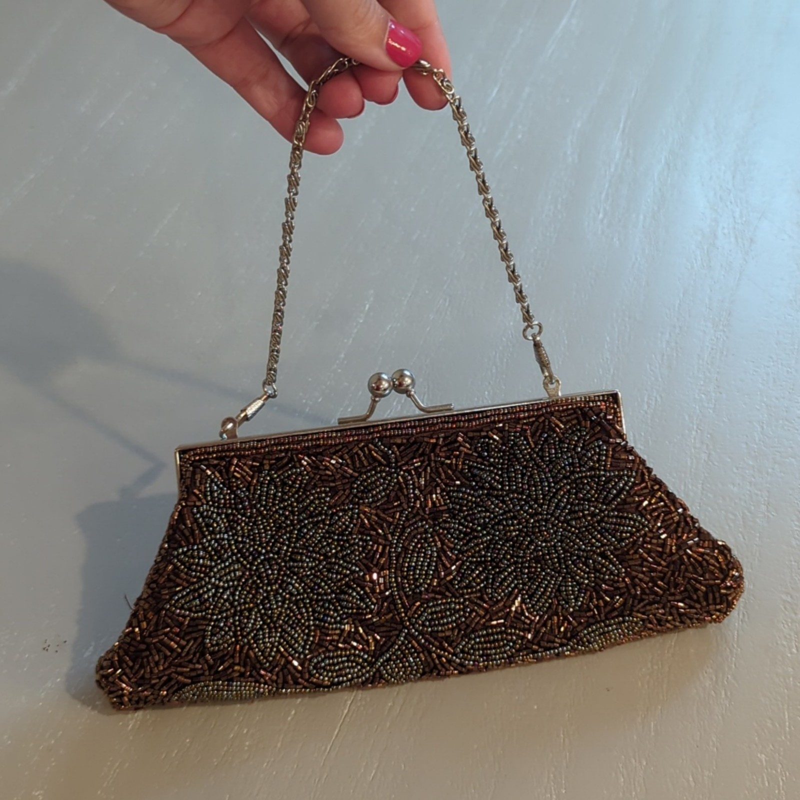 Beaded Brown & Bronze Floral Evening Clutch Purse image 5