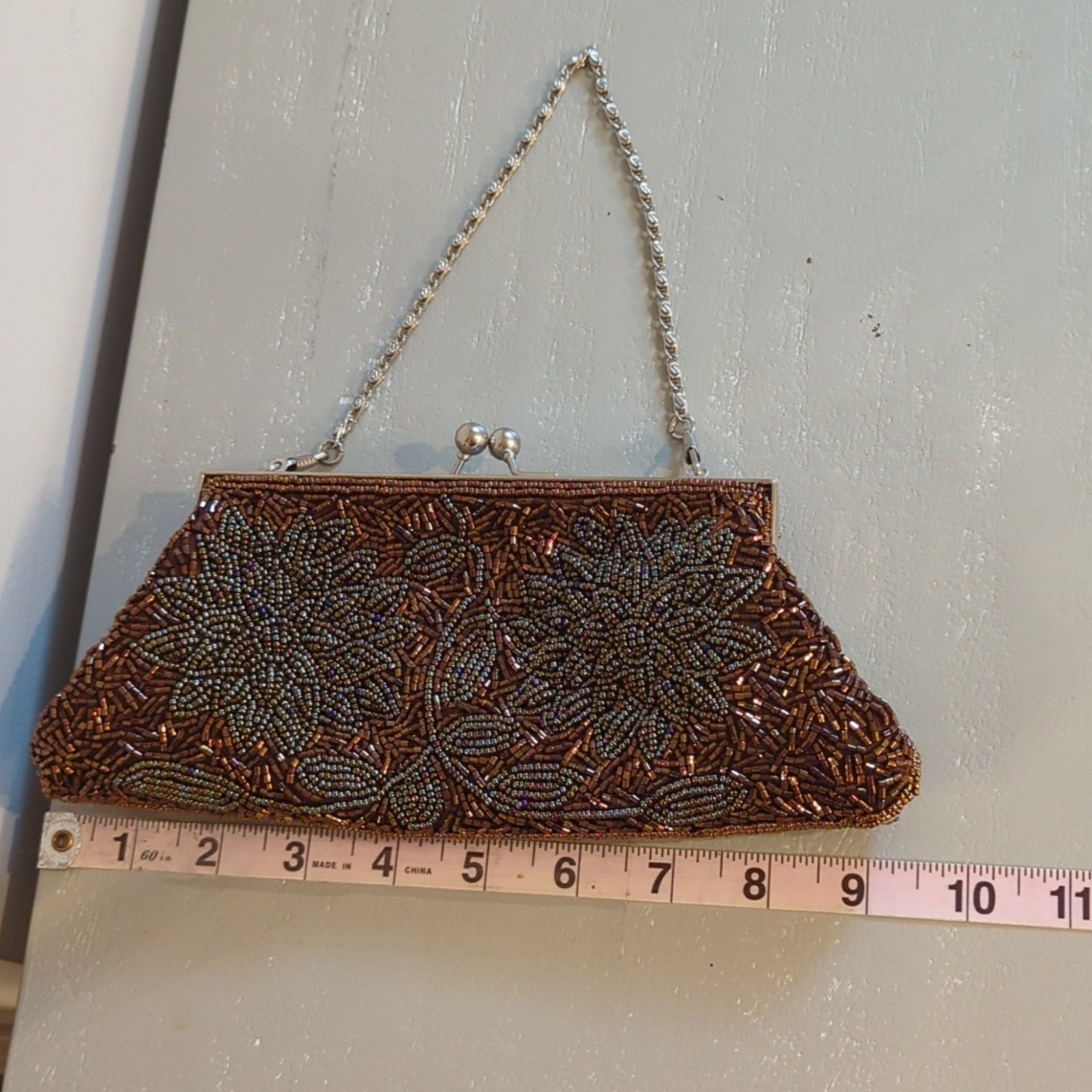 Beaded Brown & Bronze Floral Evening Clutch Purse image 6