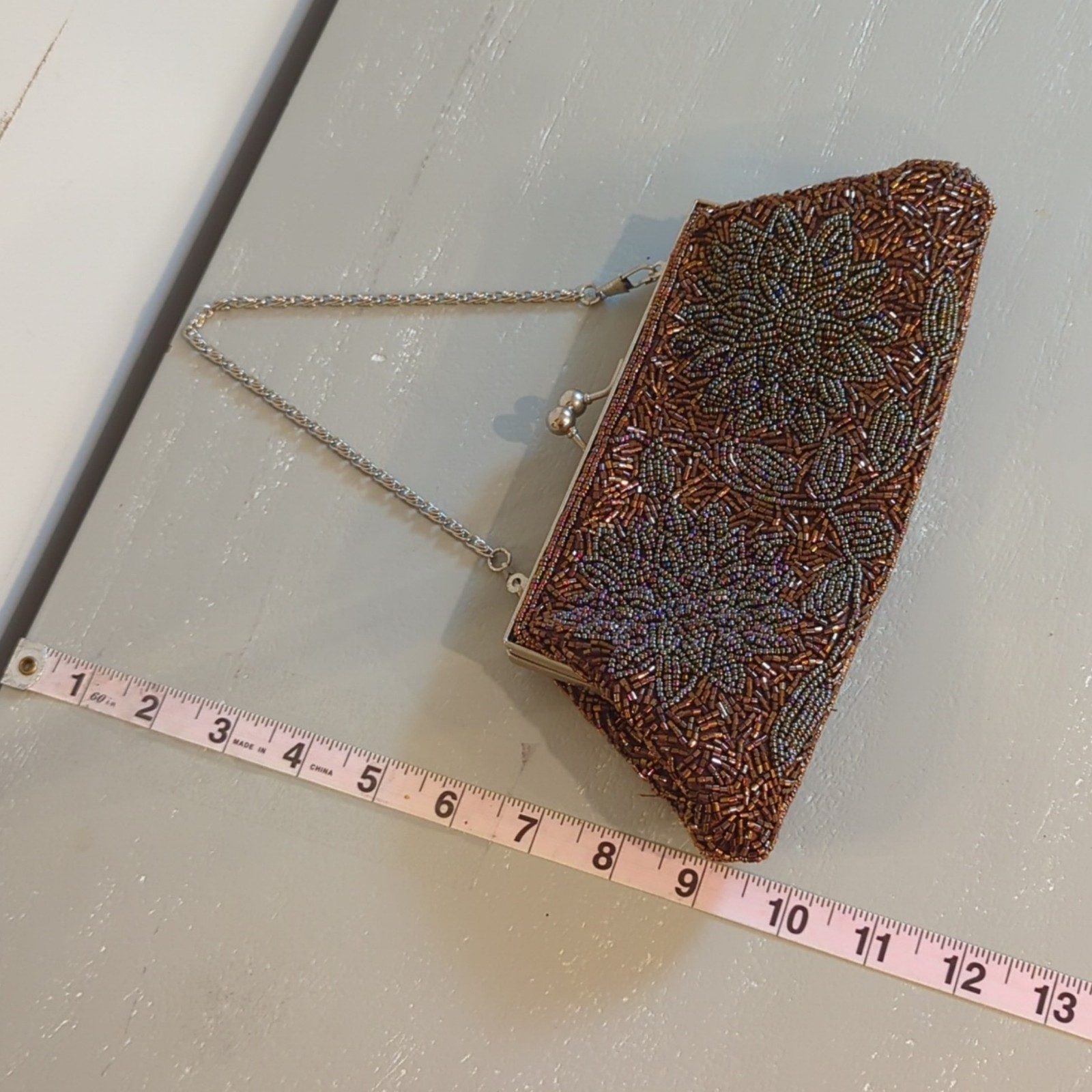 Beaded Brown & Bronze Floral Evening Clutch Purse image 7