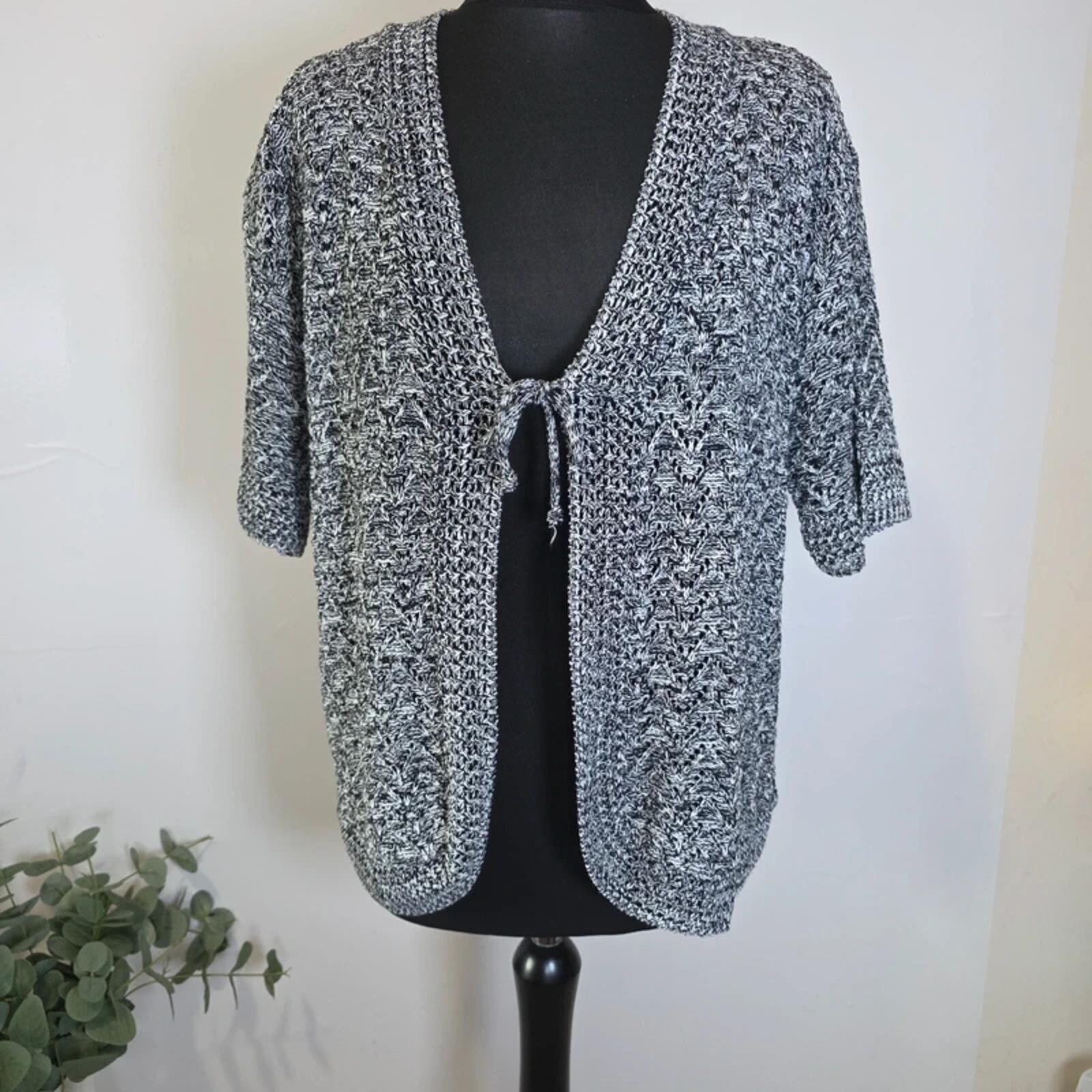 Pulse Black White Marled Knit Tie Front Cardigan Vintage UK 16 18